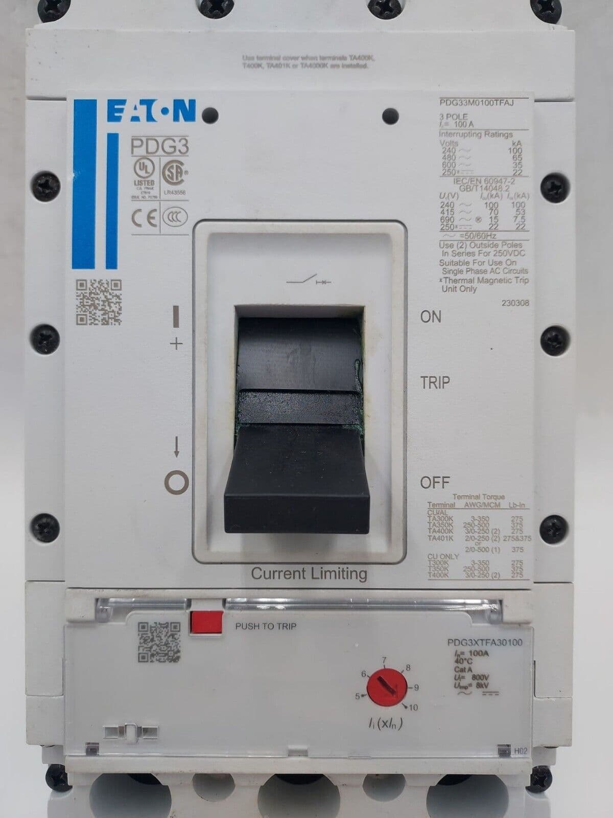 Eaton PDG33M0100TFAJ Circuit Breaker 100A 3P 480V 3PH PDG 100 Amp 3 POLE BOLT ON – image 1