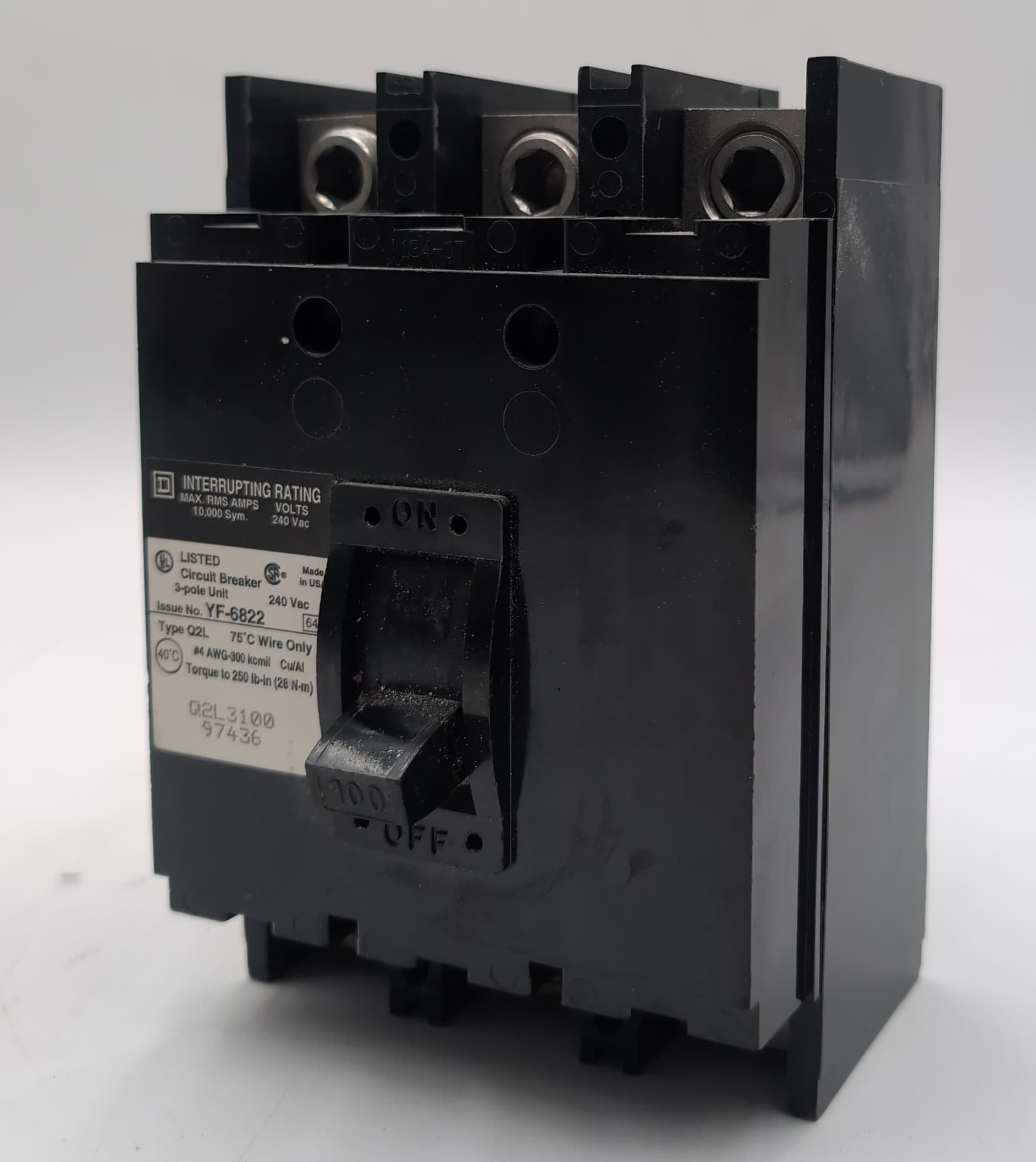Square D Q2L3100 Circuit Breaker 100A 240V 3 Pole 100 Amp 240 Volt Q2L USED