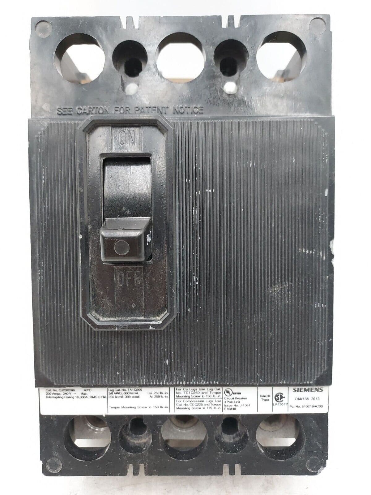 SIEMENS QJ23B200 Circuit Breaker 200A 3P 240V 3PH QJ2 3 pole 200 Amp – image 1