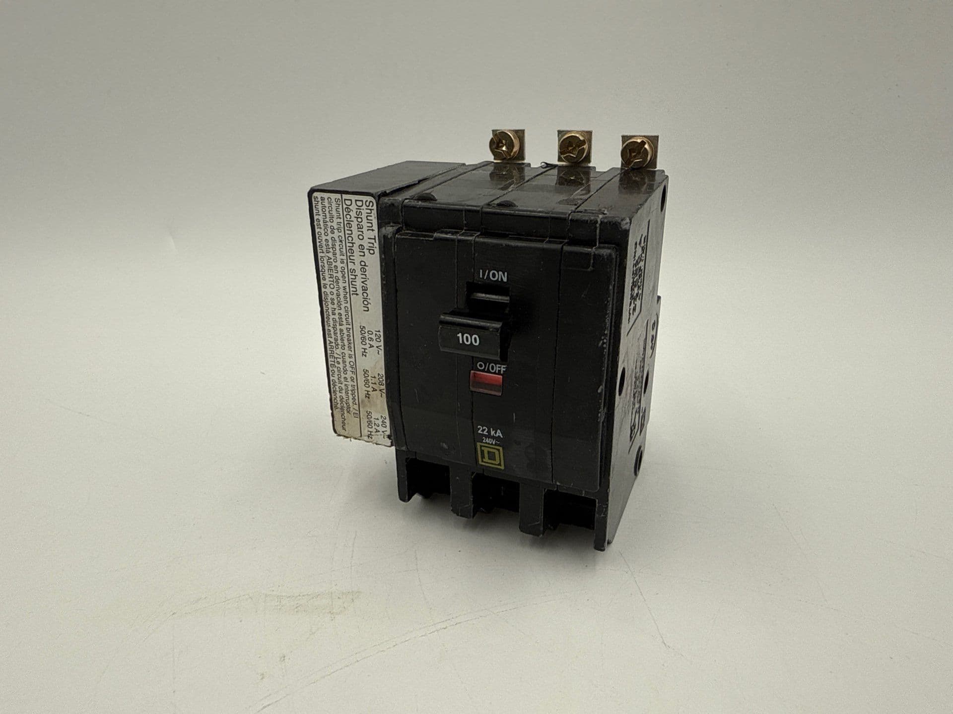 Square D QOB3100VH1021 Circuit Breaker 100A 3P 240V 22kA Shunt Trip 100 Amp – image 1