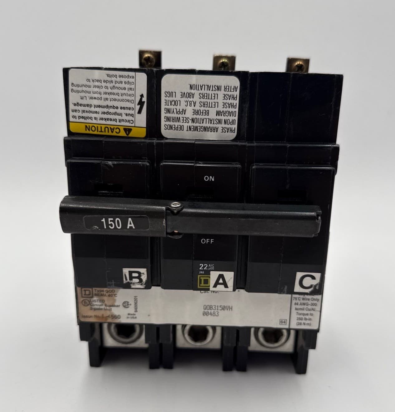 Square D QOB3150VH Bolt On Circuit Breaker 150A 3P 240V 22kA QOB 150 Amp