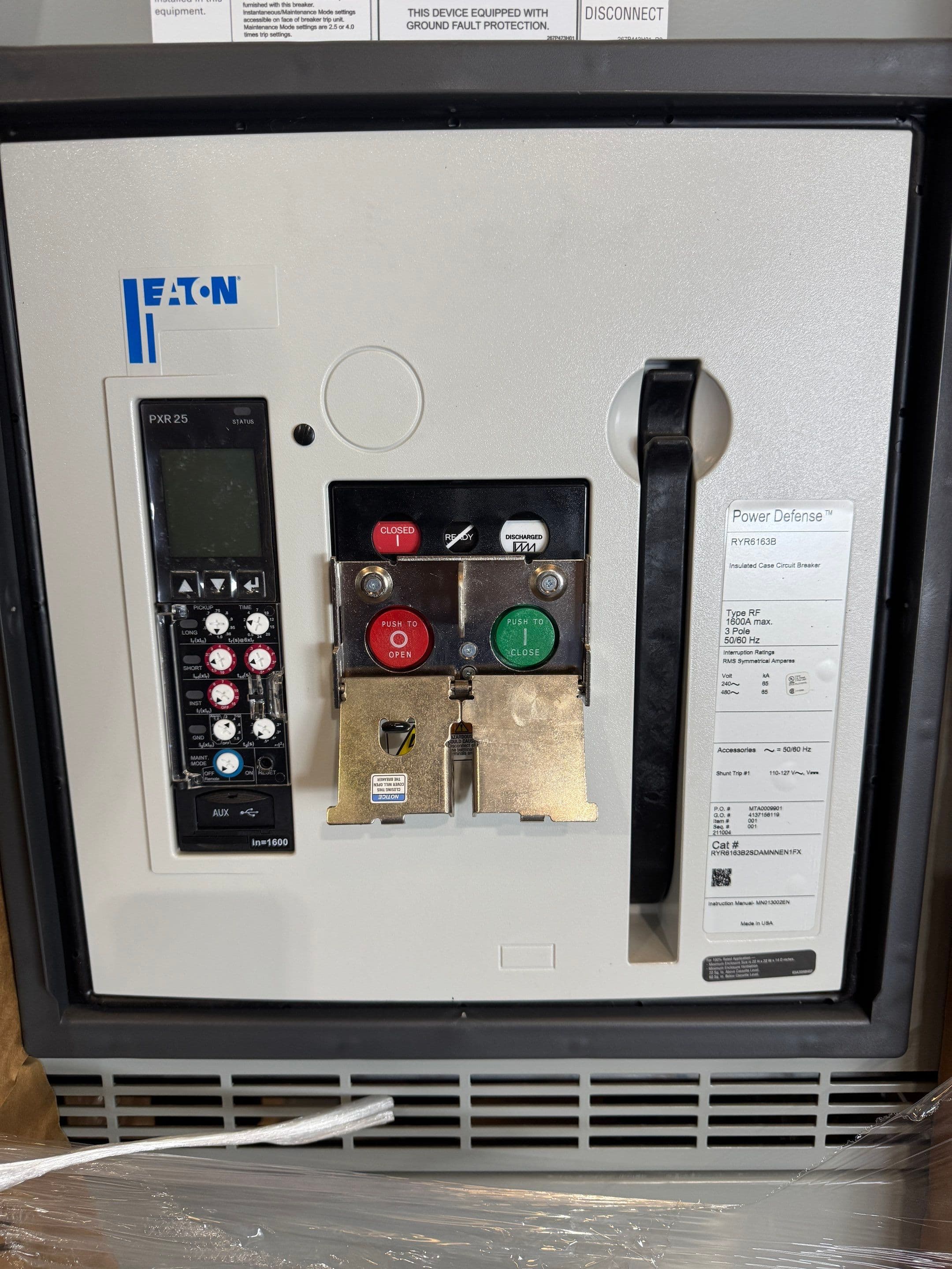 Eaton RYR6163B Circuit Breaker 1600A 3P 600V PXR25 LSIG Maintenance Mode – image 1