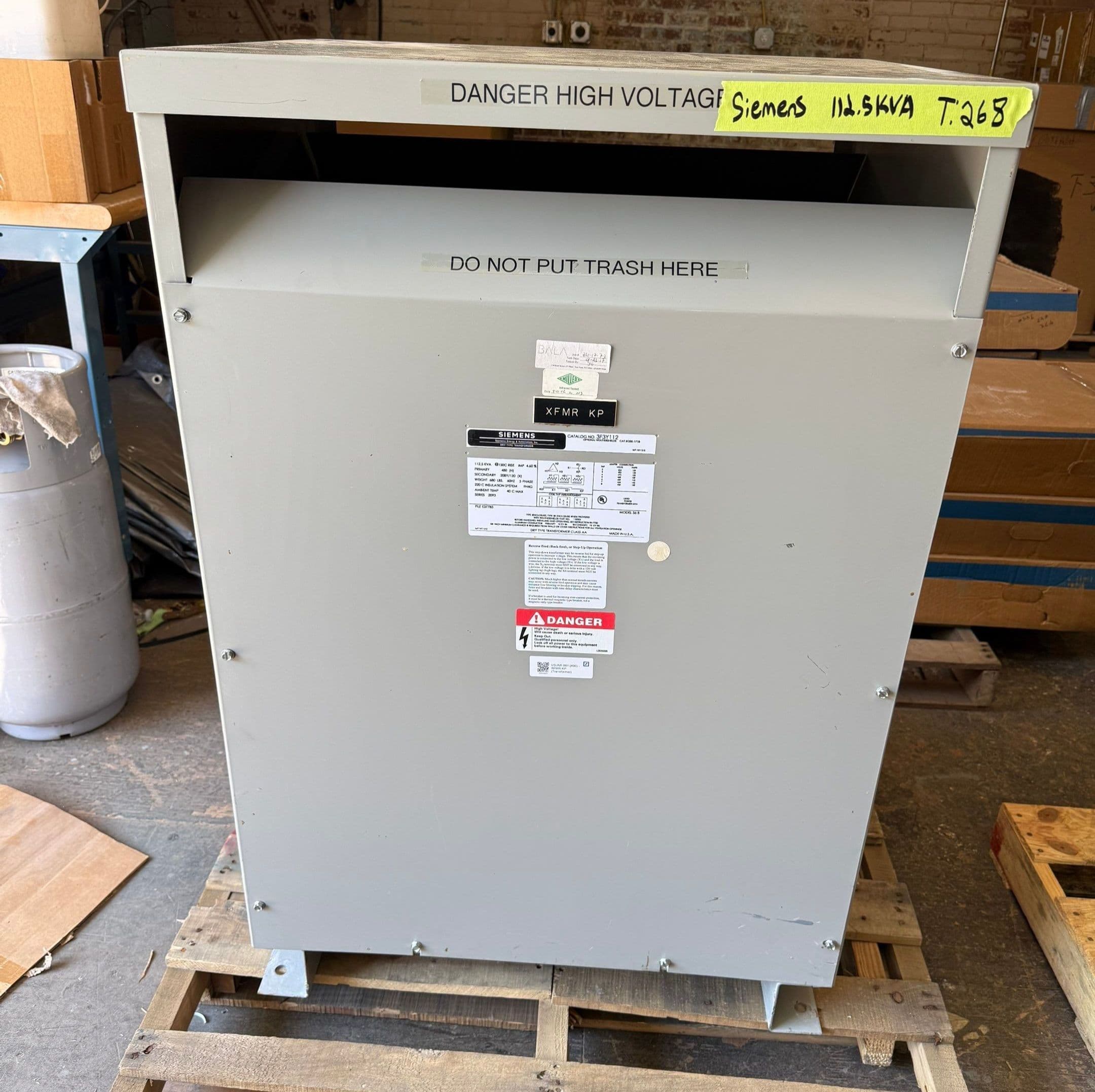 112.5kVA Siemens 3F3Y112 Transformer 3PH Pri 480V Sec 208/120V Indoor T268 – image 1