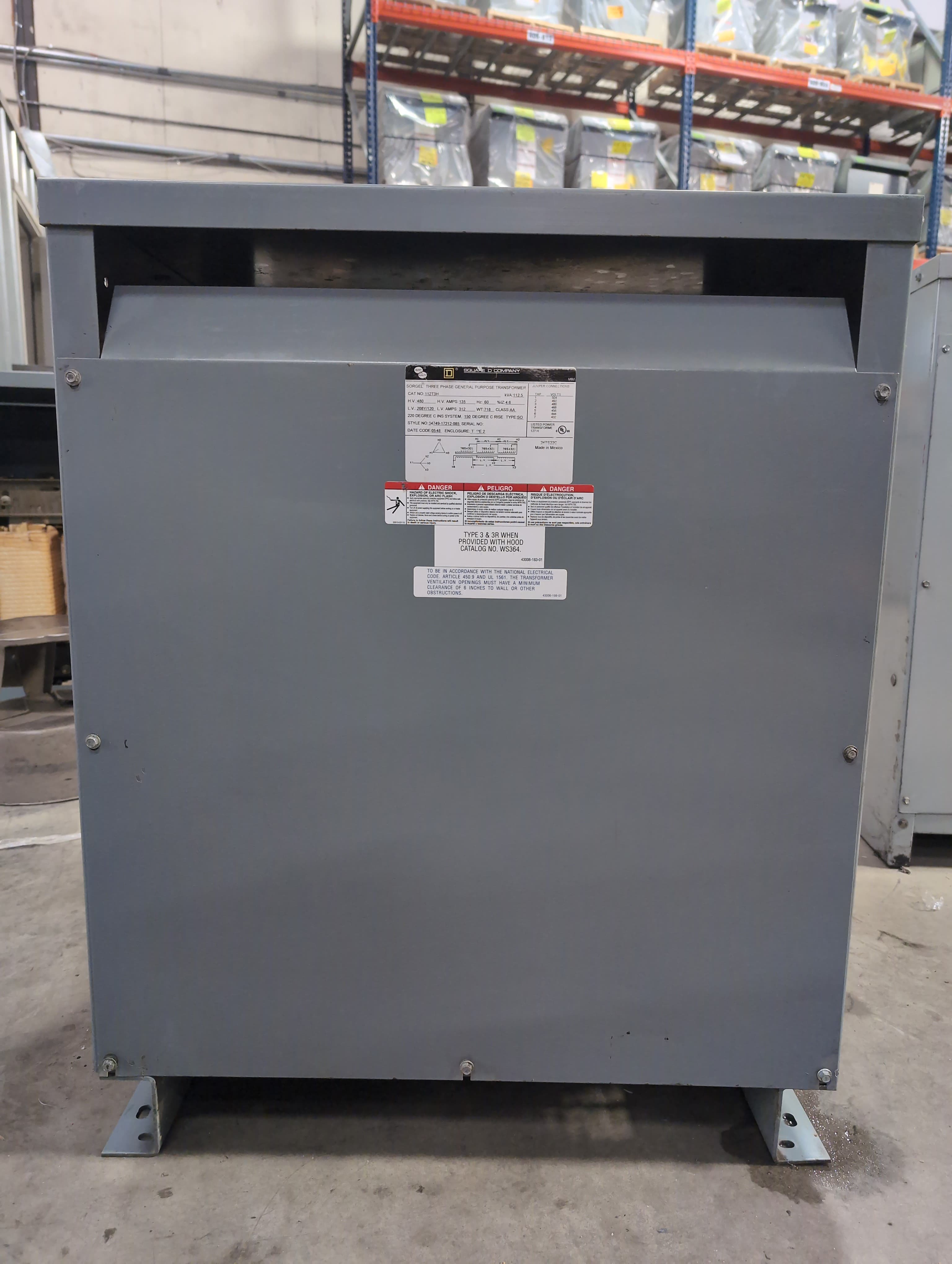 112.5KVA Sq D 112T3H Sorgel Transformer Pri 480V Sec 208/120V Indoor Encl 3PH – image 1