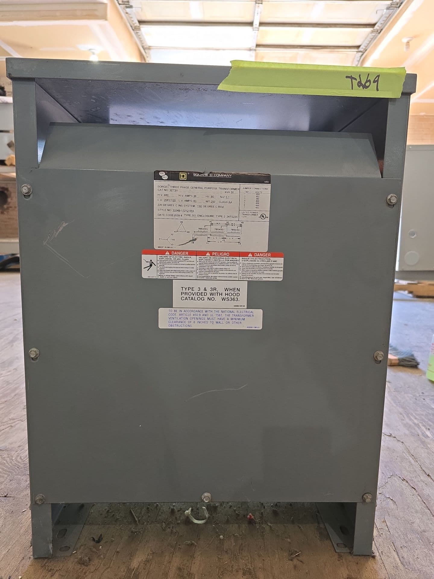 30kVA Square D 30T3H Sorgel Transformer 3PH Pri 480V Sec 208/120V Indoor T270 – image 1