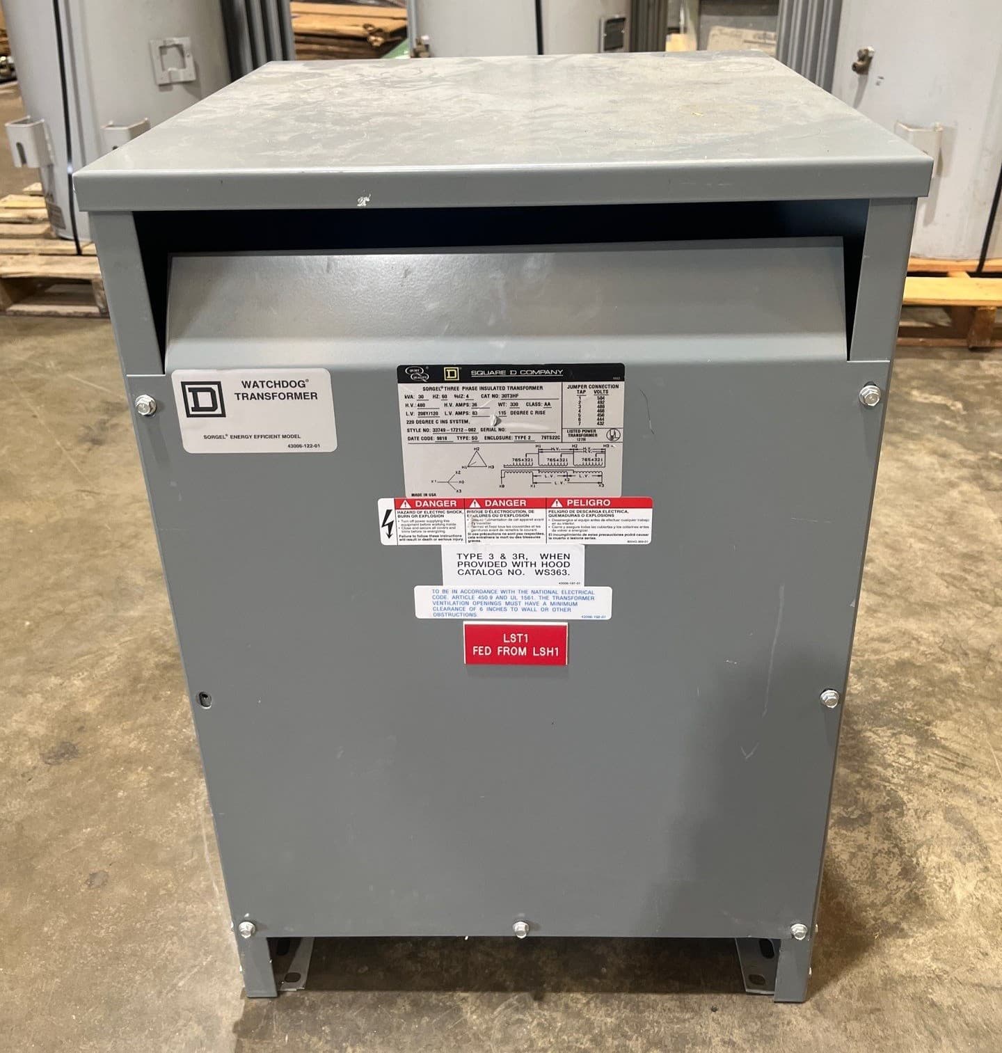 30kVA Square D 30T3HF Sorgel Transformer 3PH Pri 480V Sec 208/120V ST103 – image 1