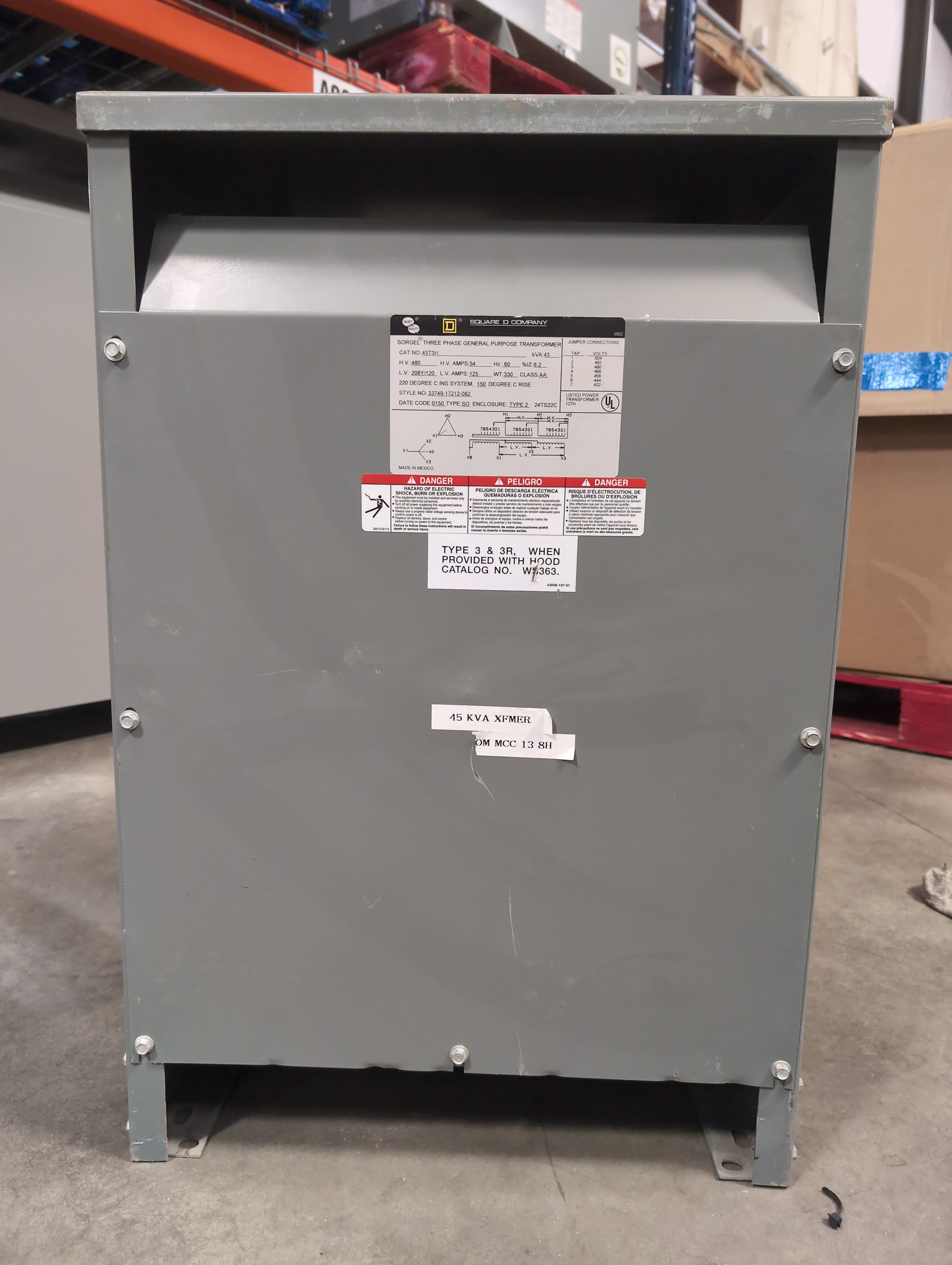 45KVA Square D Transformer 3PH 45T3H Pri 480V Sec 208/120V Indoor Encl 60Hz