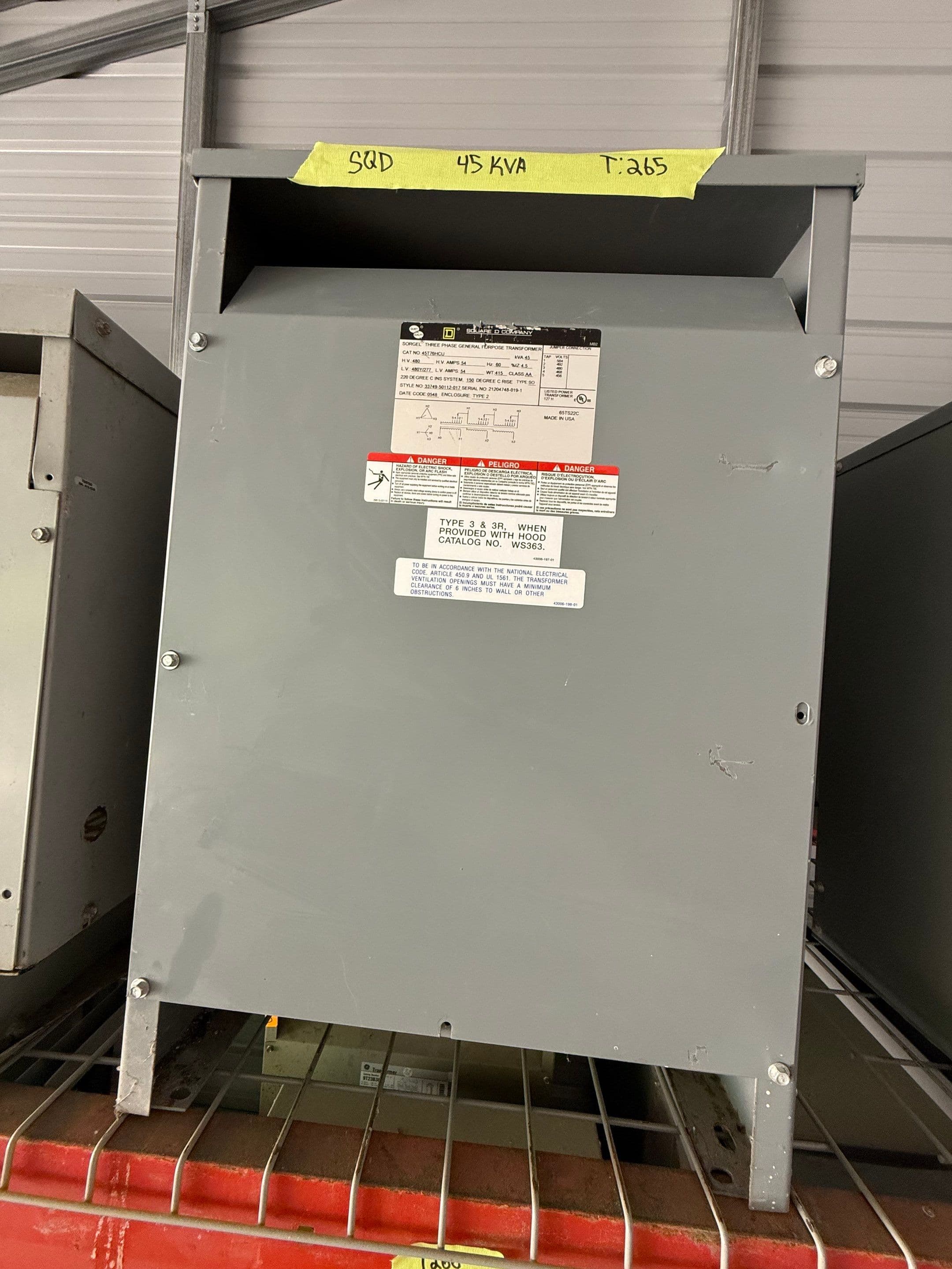 45kVA Square D 45T76HCU Sorgel Transformer Pri 480V Sec 480/277V Indoor T265 – image 1