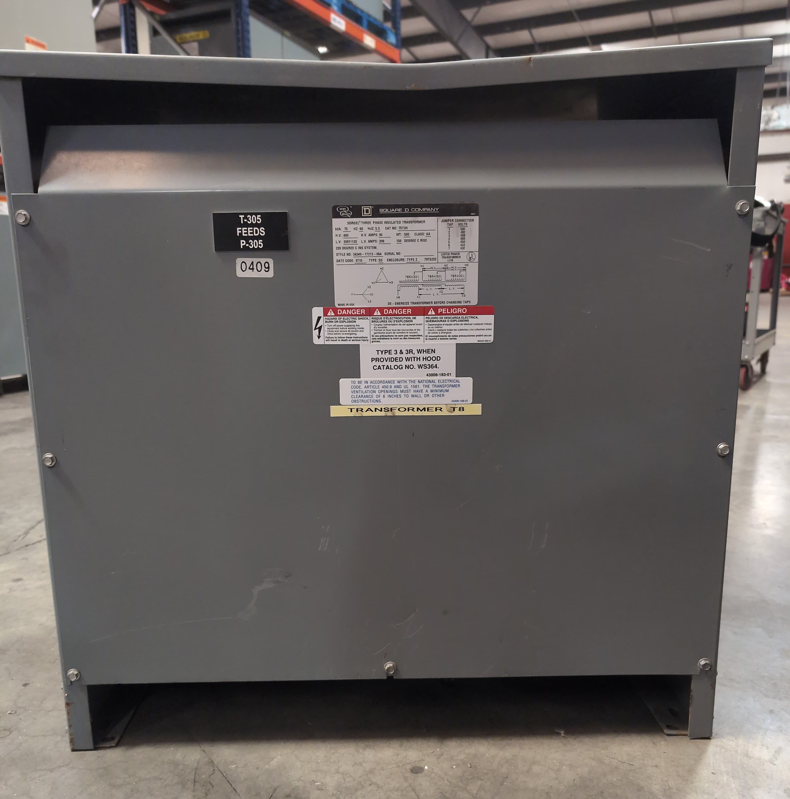 75KVA Square D 75T3H 3PH Transformer Pri 480V Sec 208Y/120V 60Hz Indoor Encl