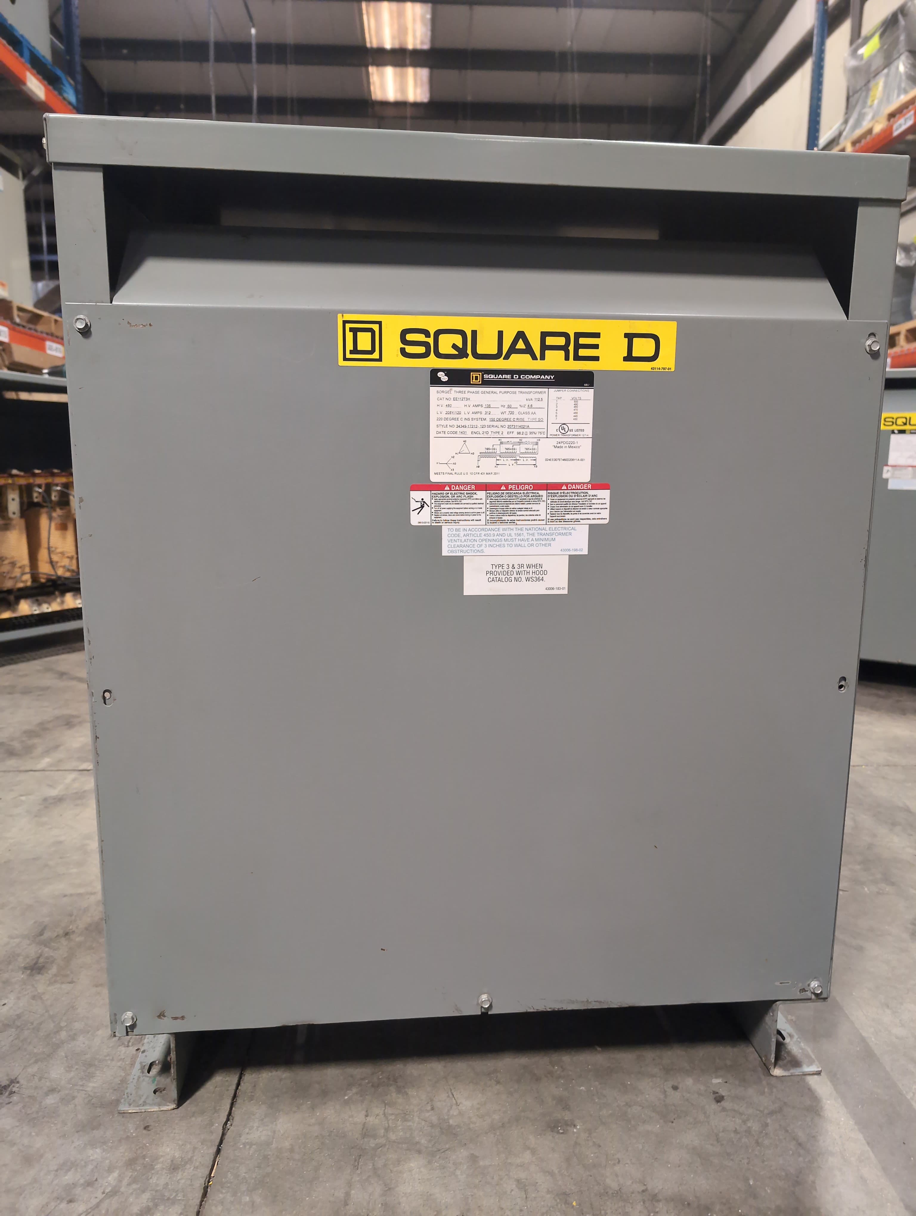 112.5KVA Square D EE112T3H 3PH Pri 480V Sec 208/120V Transformer Indoor Encl