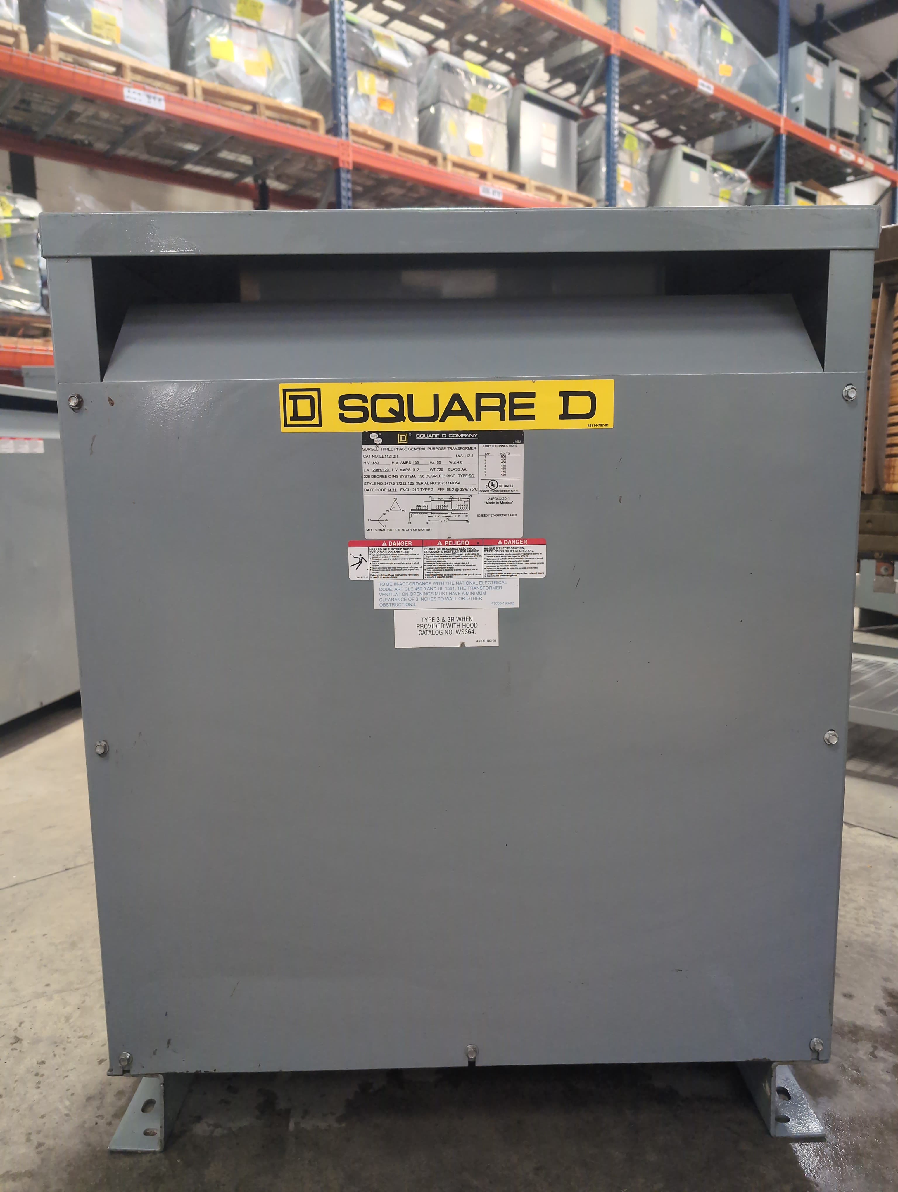 112.5KVA Square D EE112T3H Pri 480V Sec 208/120V Transformer Indoor Encl 3PH – image 1