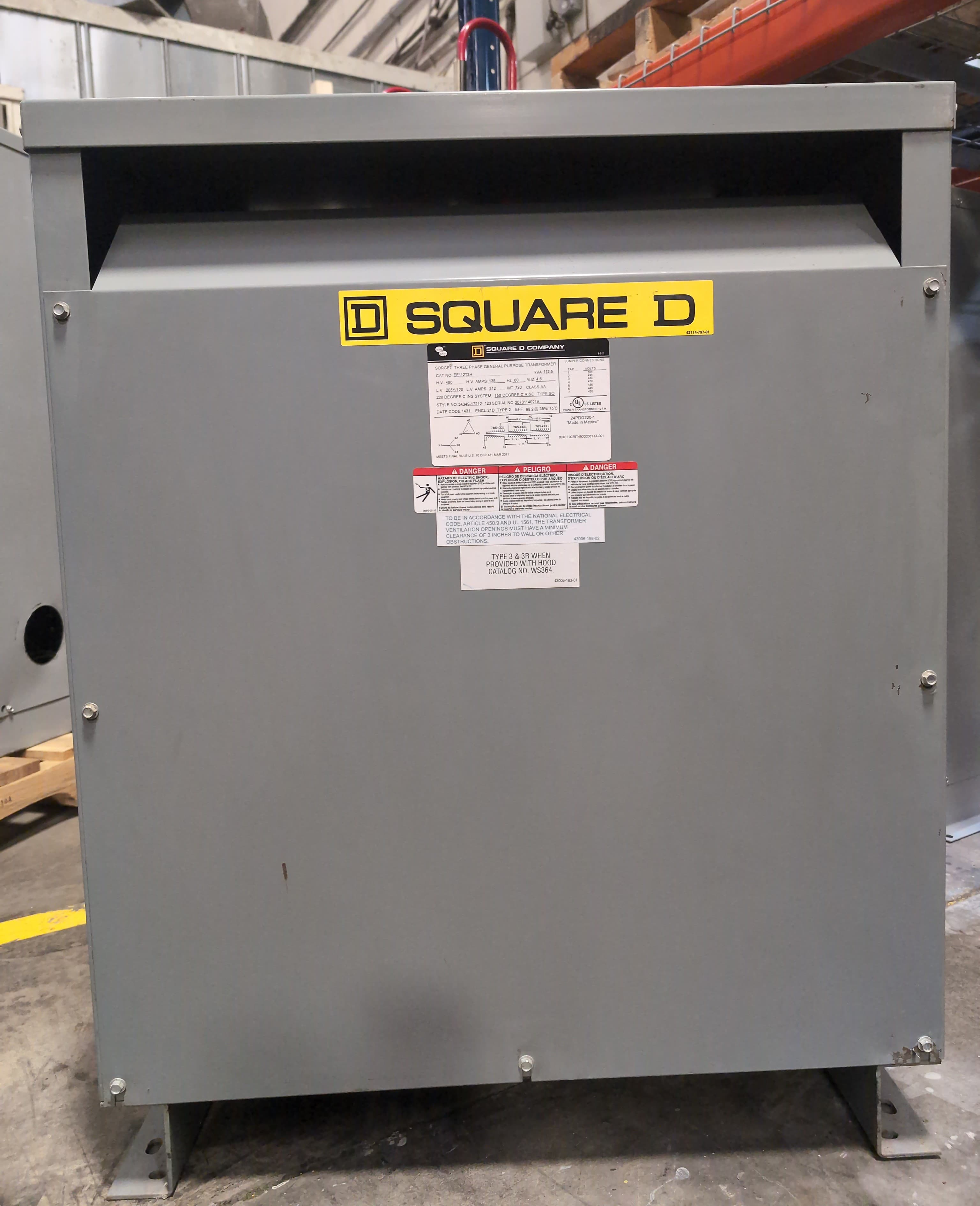 112.5KVA Square D EE112T3H Pri 480V Sec 208/120V Transformer 3PH Indoor Encl