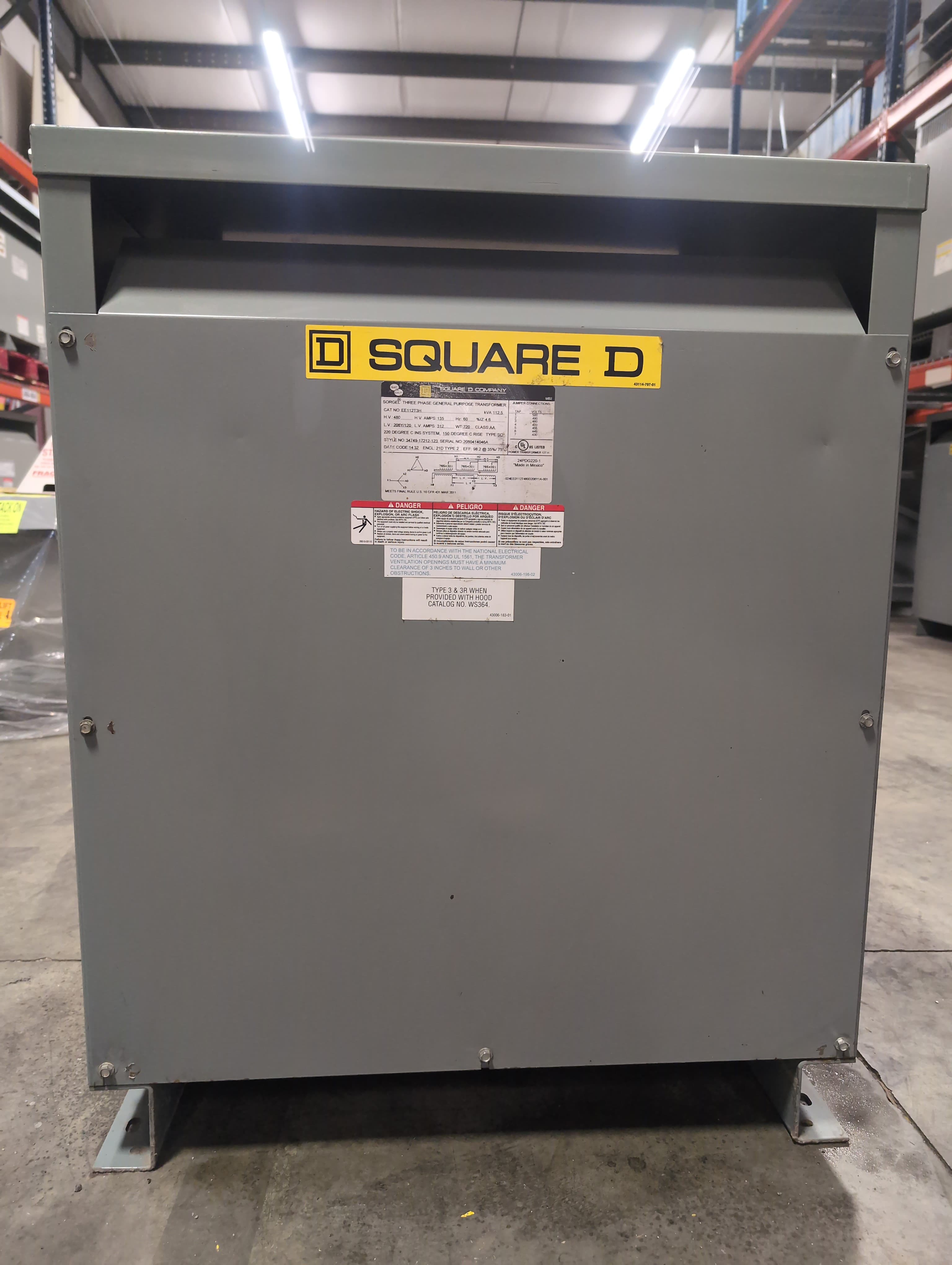 112.5KVA Square D EE112T3H Sorgel Transformer Pri 480V Sec 208/120V 3PH Indoor