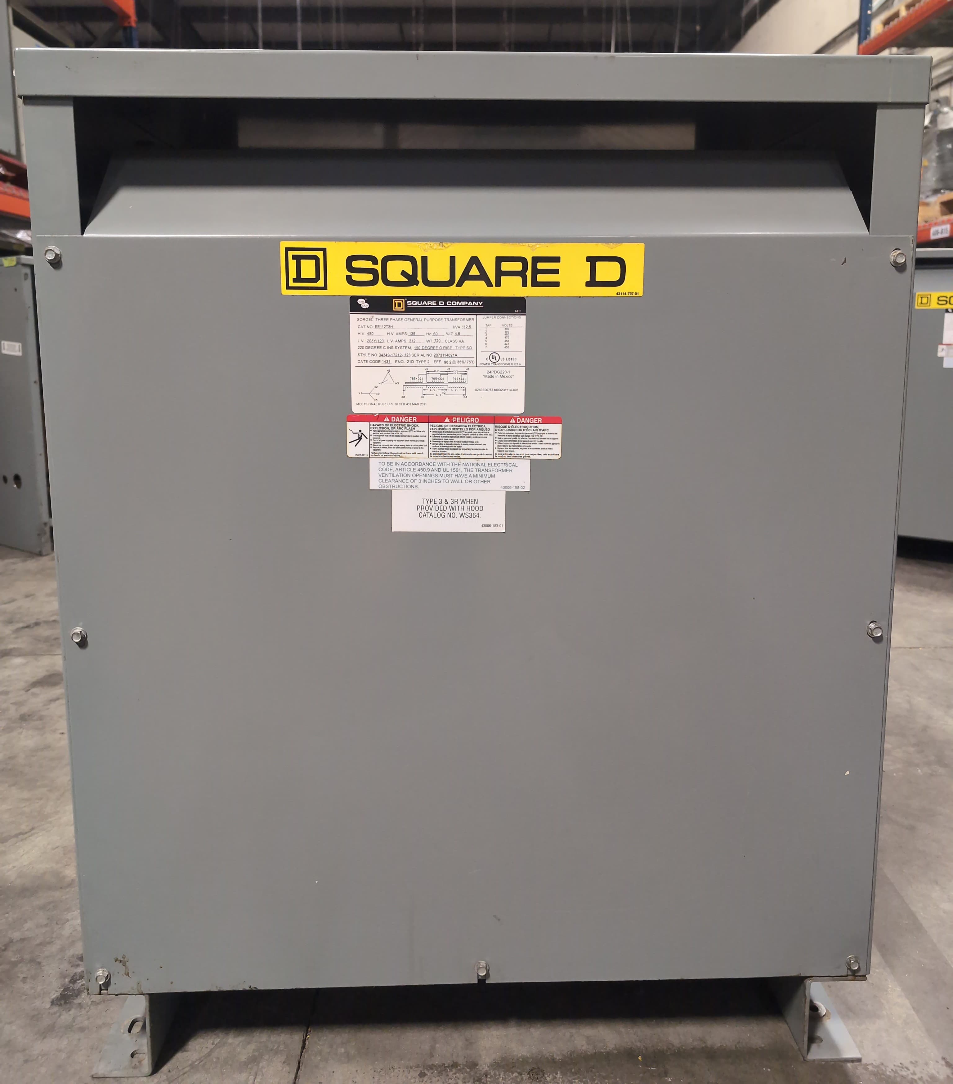112.5 KVA Square D EE112T3H Sorgel Transformer Pri 480V Sec 208/120V 3PH Indoor