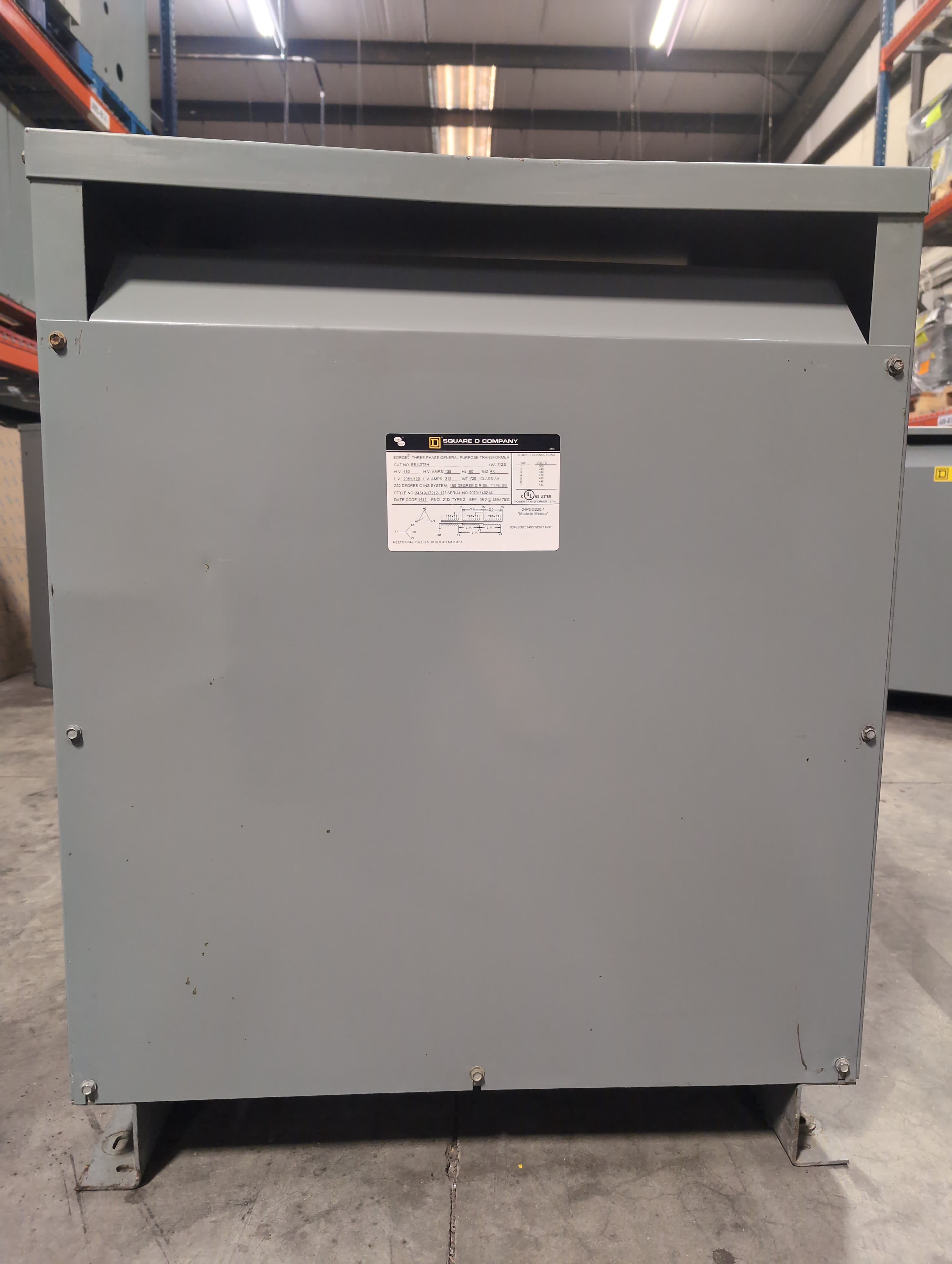 112.5 KVA Square D EE112T3H Sorgel Transformer Pri 480V Sec 208/120V 3PH Indoor