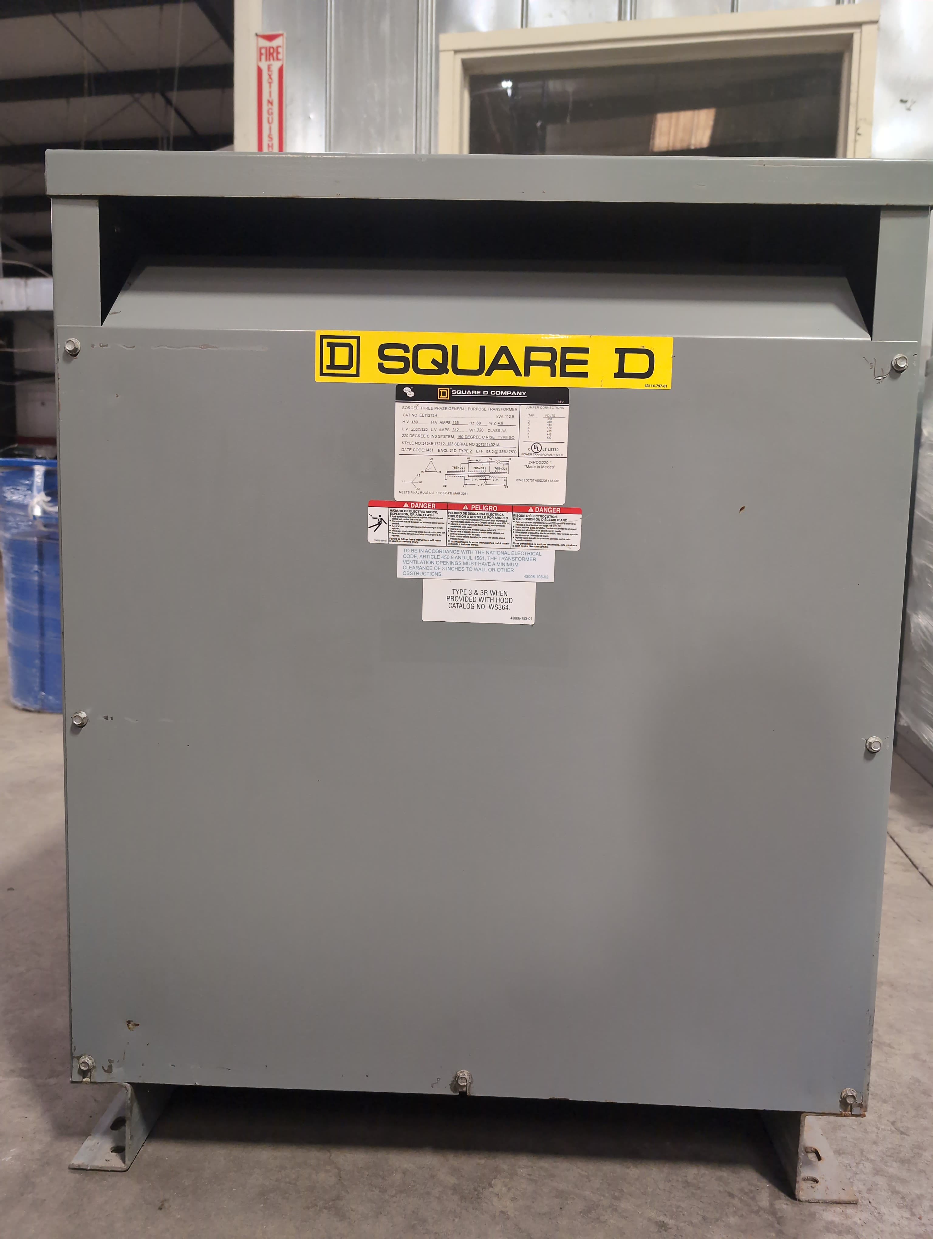 112.5 KVA Square D EE112T3H Sorgel Transformer Pri 480V Sec 208/120V 3PH Indoor – image 1