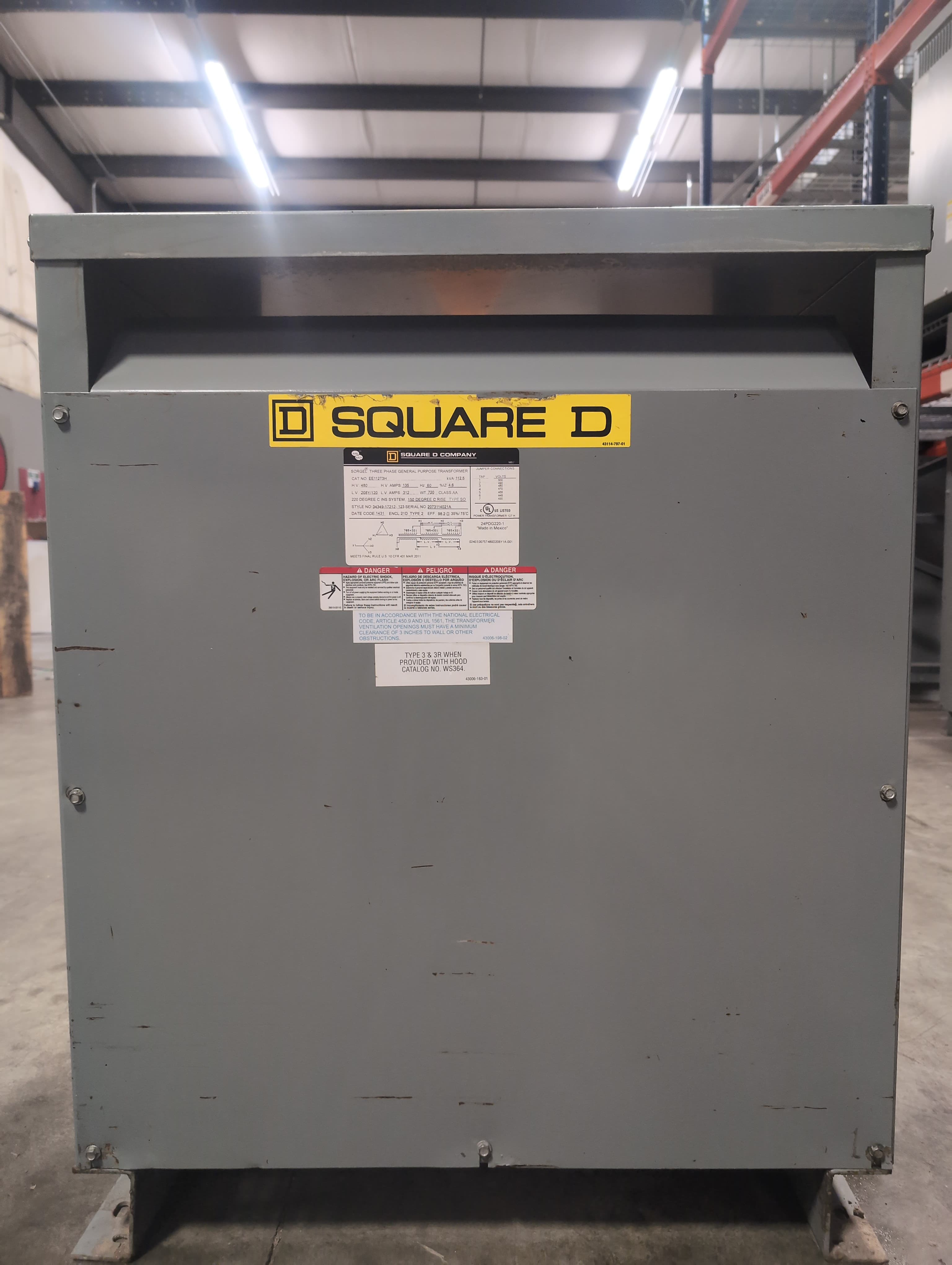 112.5 KVA Square D EE112T3H Sorgel Transformer Pri 480V Sec 208/120V 3PH Indoor