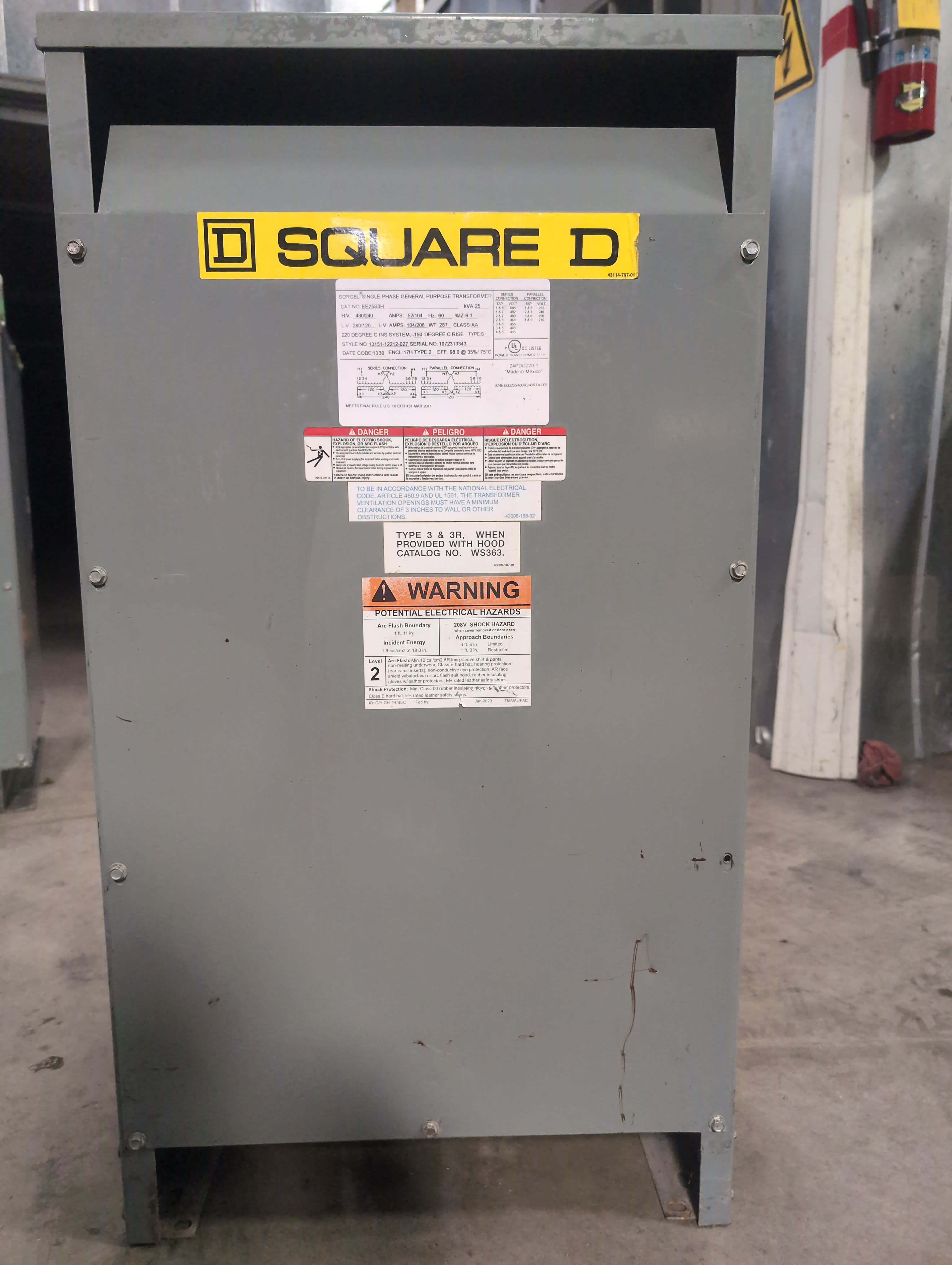 25kVA Square D EE25S3H Transformer Pri 480/240V Sec 240/120V 1PH Indoor Encl – image 1