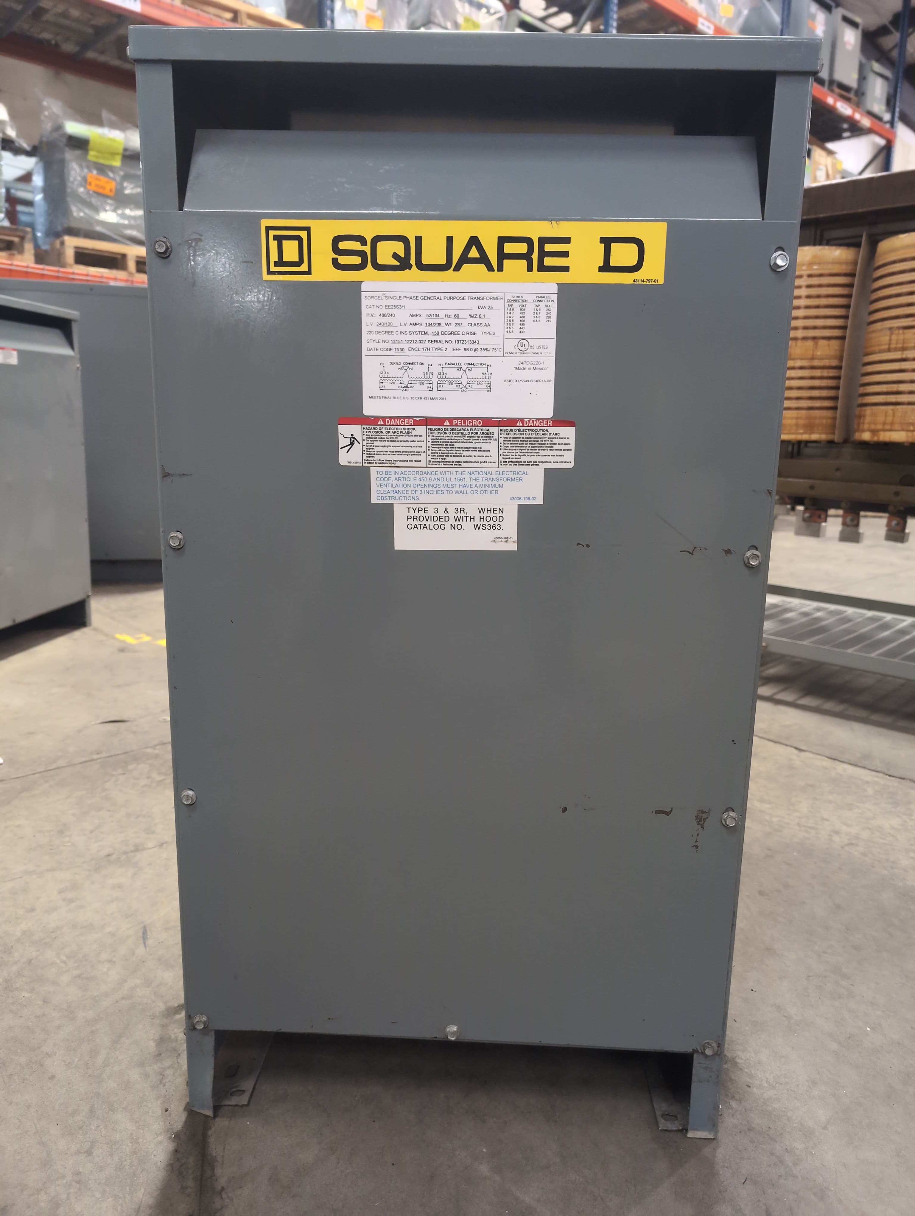 25kVA Square D EE25S3H 1PH Transformer Pri 480/240V Sec 240/120V Indoor Encl