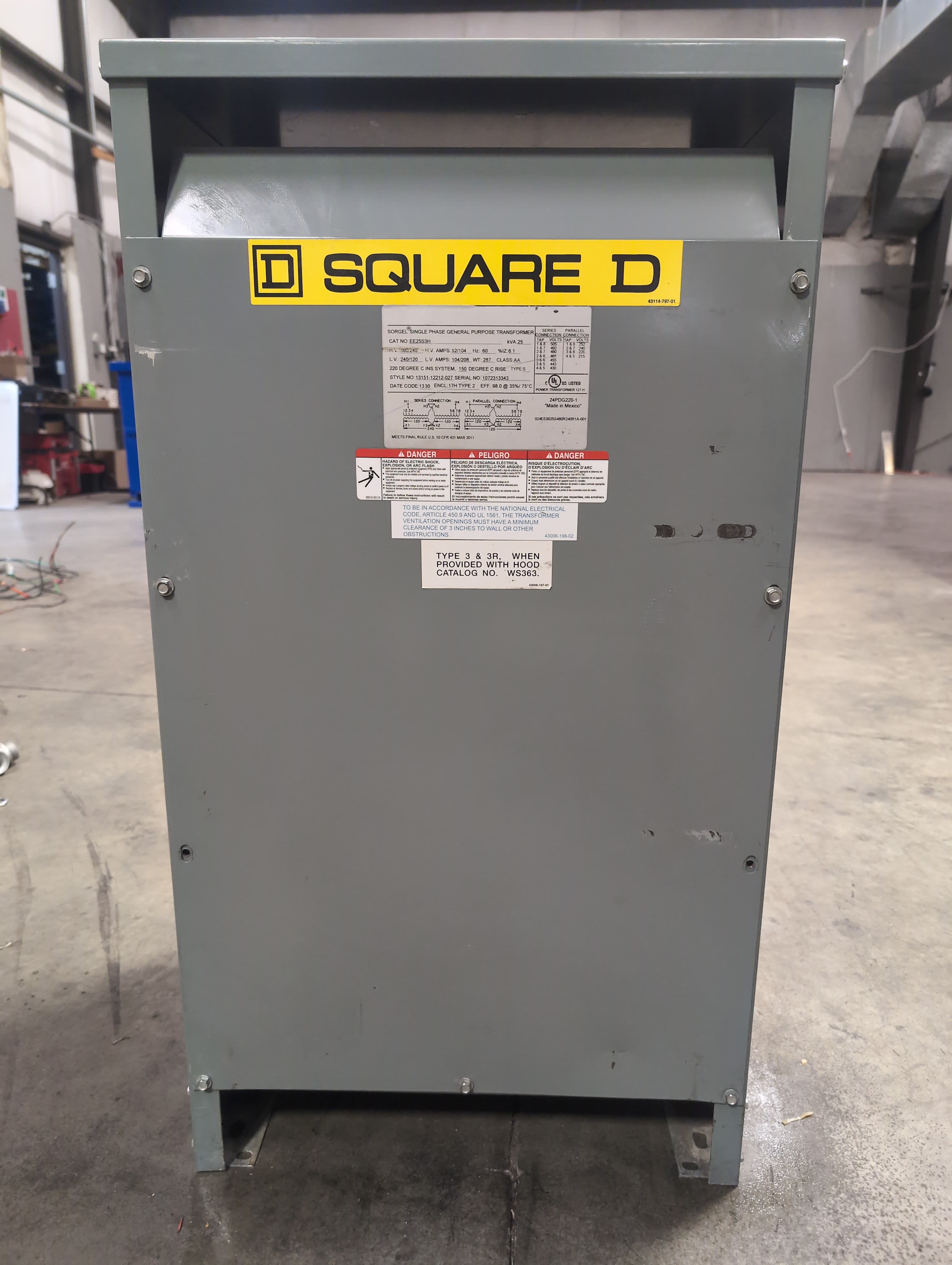 25kVA Square D EE25S3H 1PH Transformer Pri 480/240V Sec 240/120V Indoor Encl