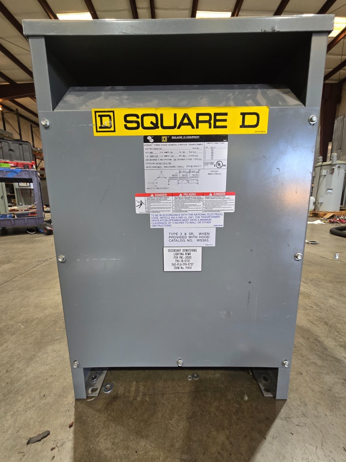 45 KVA Square D EE45T3H Transformer Pri 480V Sec 208/120V 3 Phase Indoor Encl – image 1