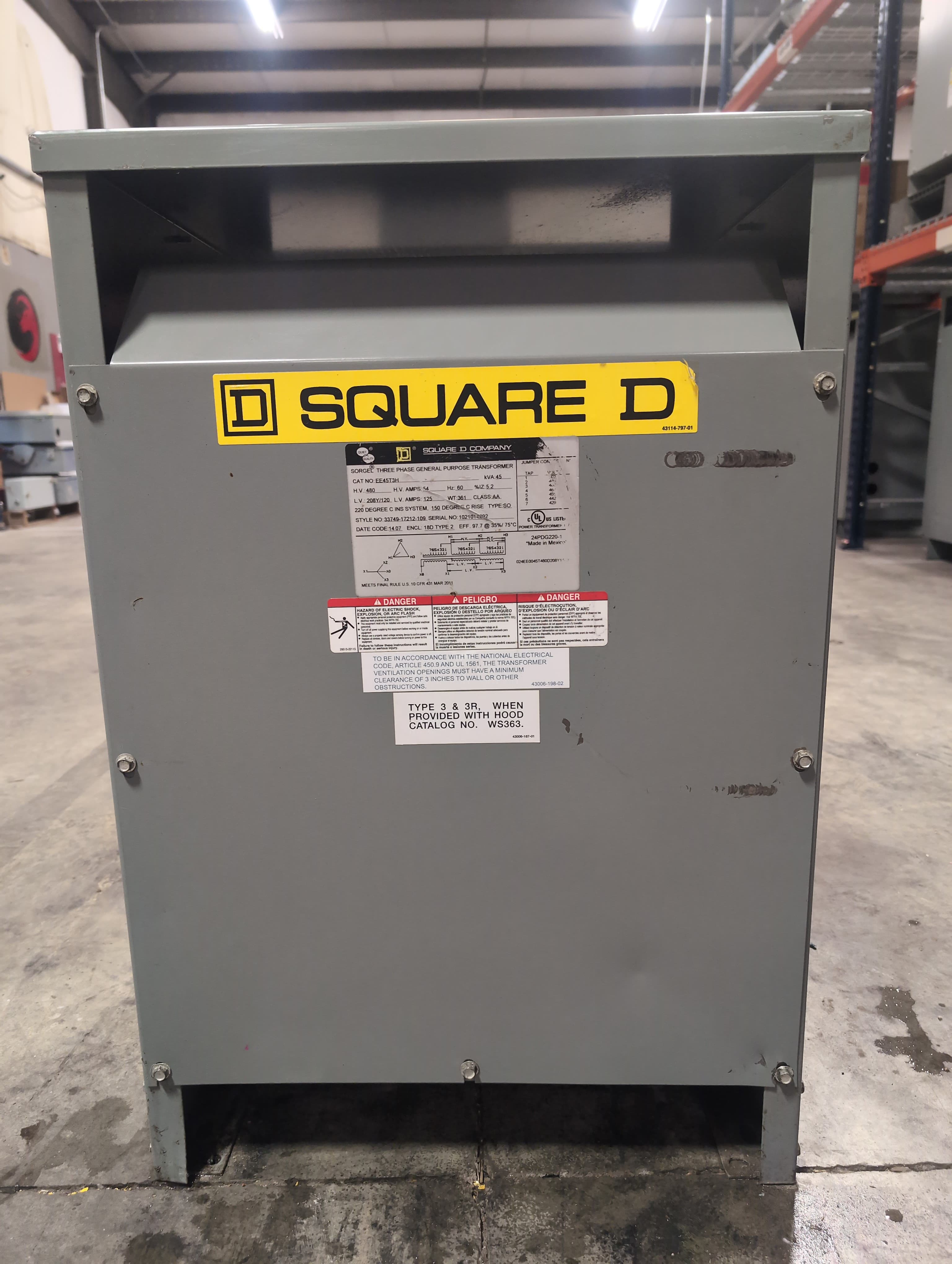 45 KVA Square D EE45T3H Transformer Pri 480V Sec 208/120V 3PH Indoor Encl 60Hz – image 1