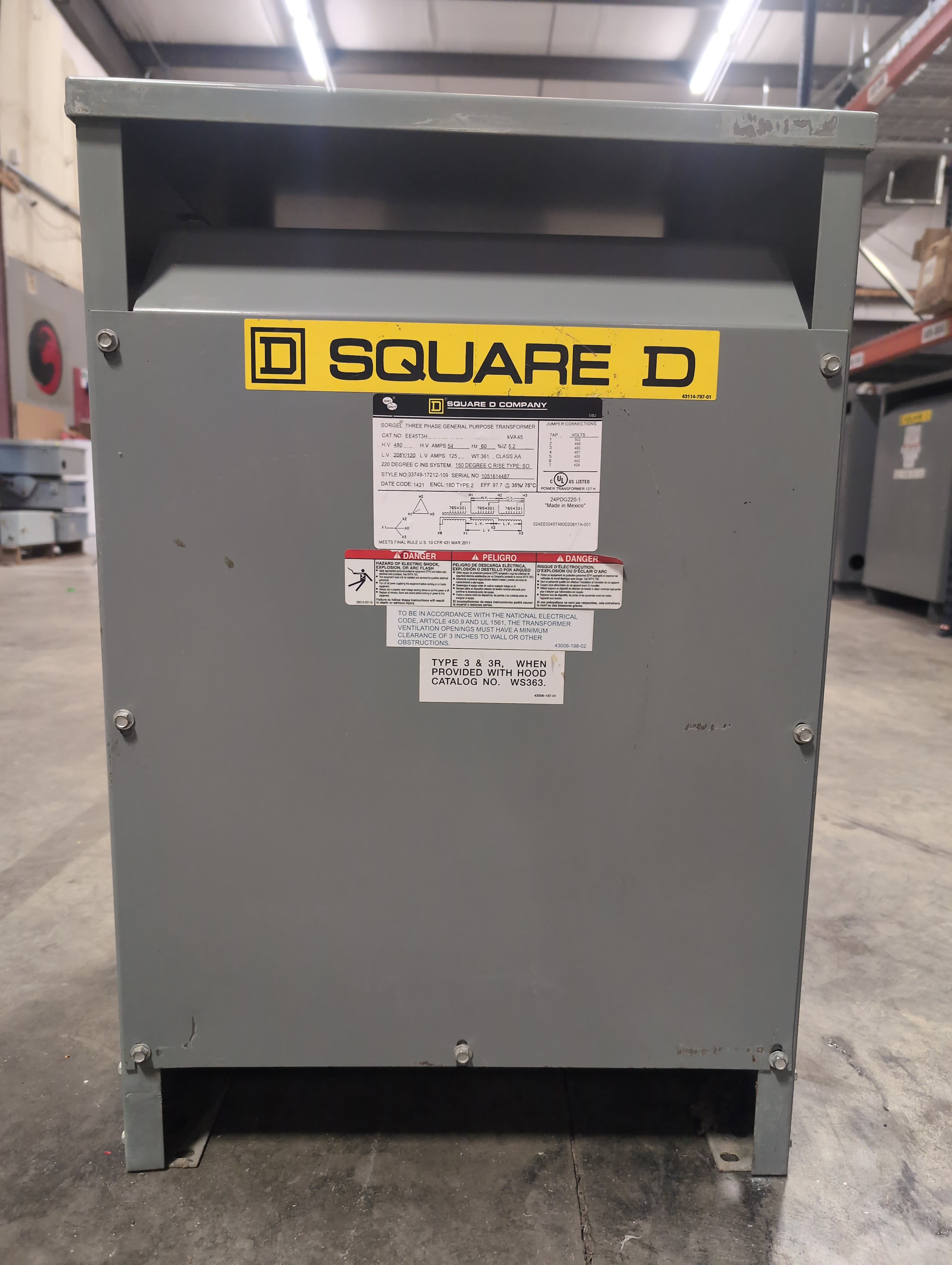 45 KVA Square D Transformer EE45T3H Pri 480V Sec 208/120V 3PH Indoor Encl 60Hz
