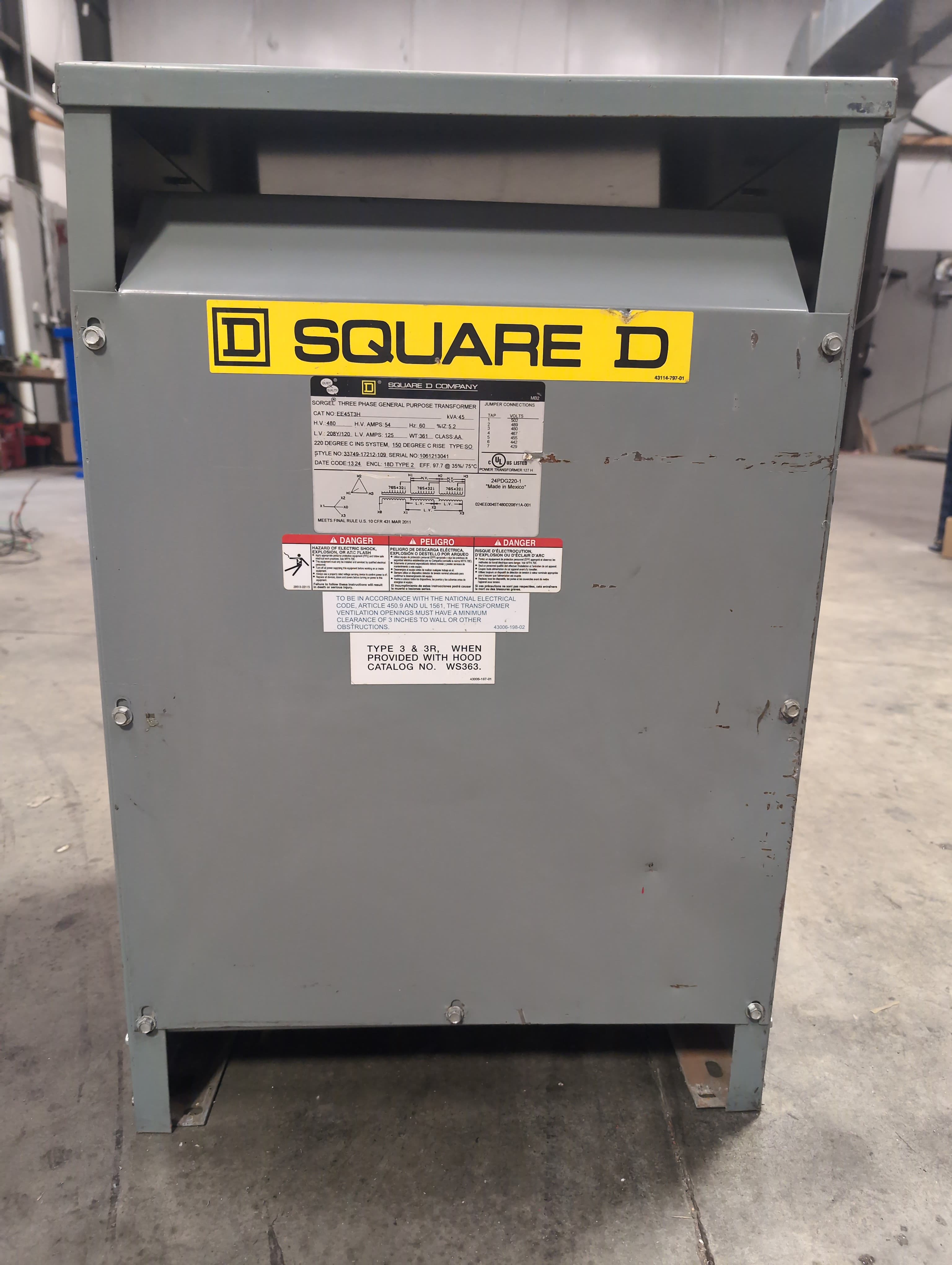45 KVA Square D Transformer EE45T3H Pri 480V Sec 208/120V 3PH Indoor Encl 60Hz – image 1