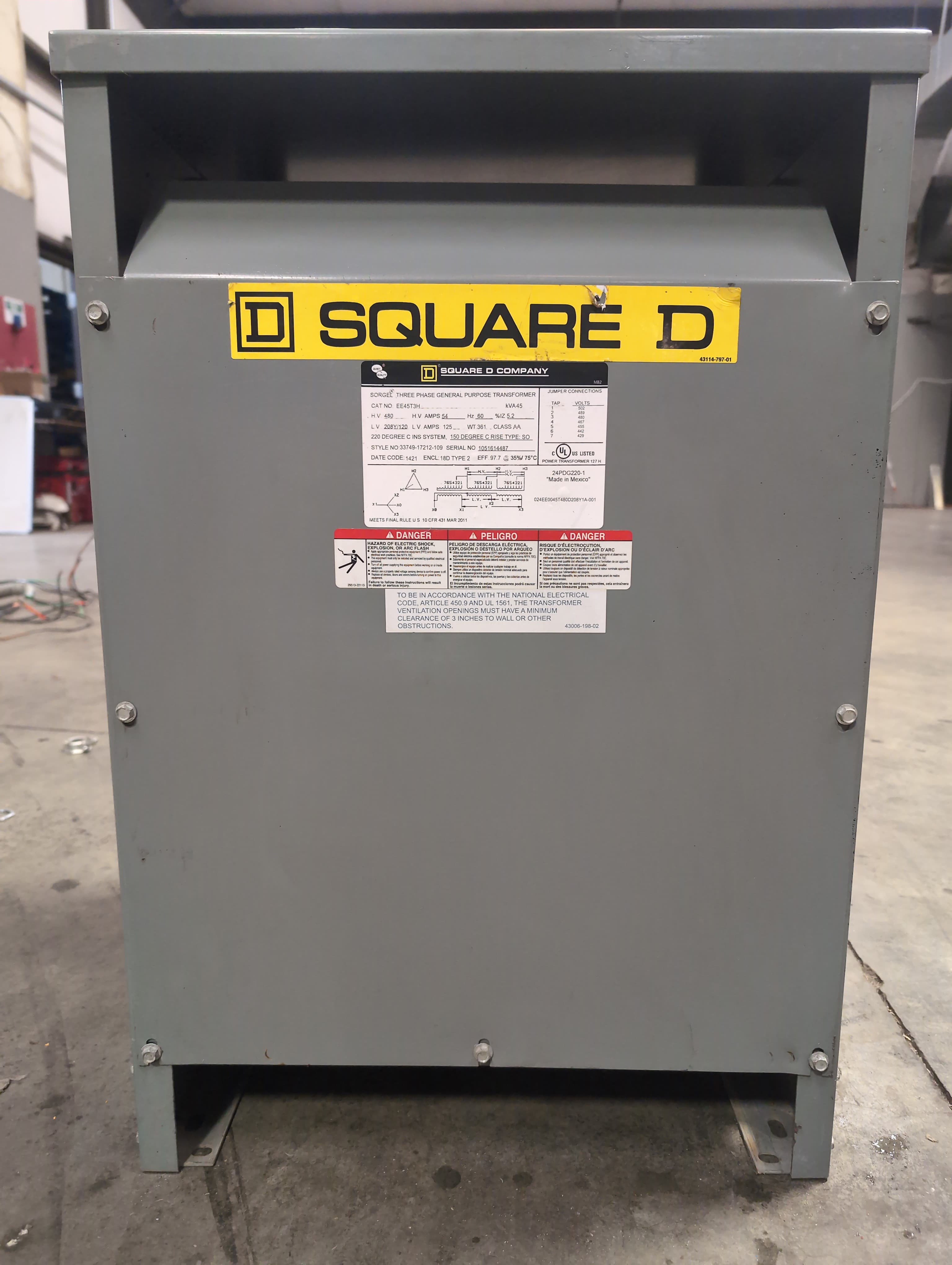 45 KVA Square D Transformer EE45T3H Pri 480V Sec 208/120V 3PH Indoor Encl 60Hz