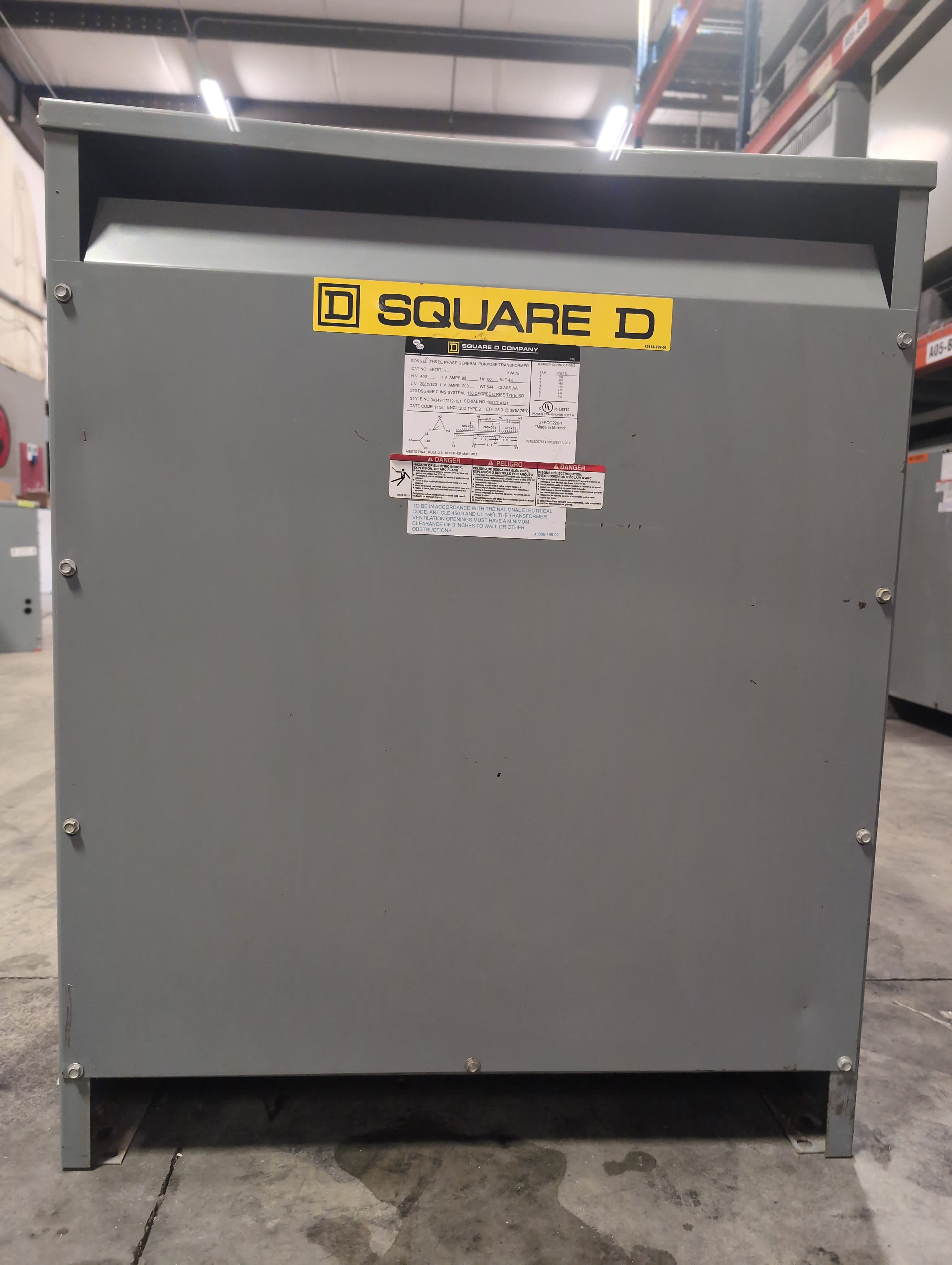 75KVA Square D EE75T3H Transformer Pri 480V Sec 208Y/120V 60Hz Indoor Encl 3PH