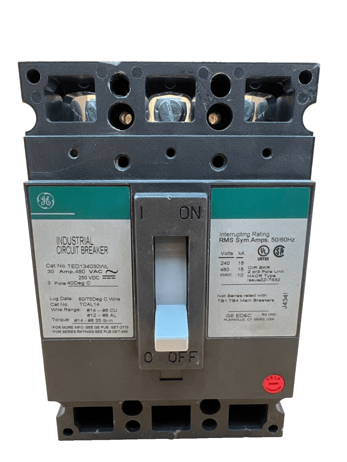 General Electric TED134030WL Circuit Breaker 30A 3P 480V 3PH 3 pole 30 Amp