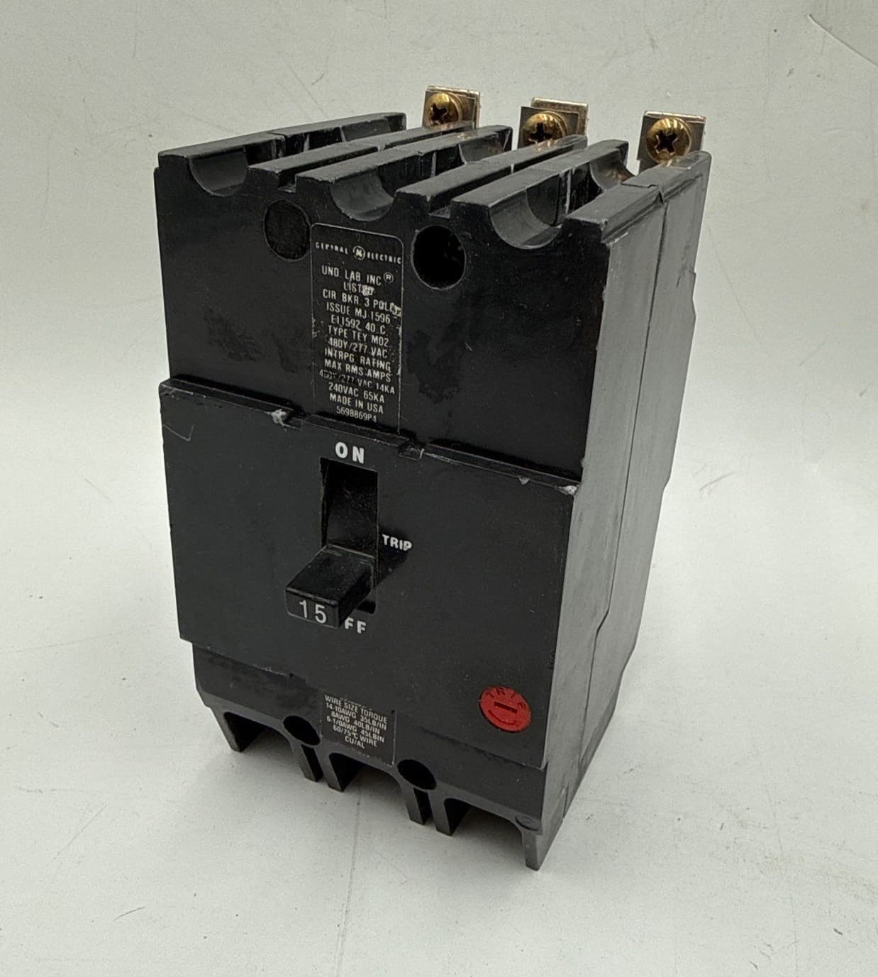 GE TEY315 Circuit Breaker 15A 3P 480/277V TEY 3 pole 15 Amp Paper Label – image 1