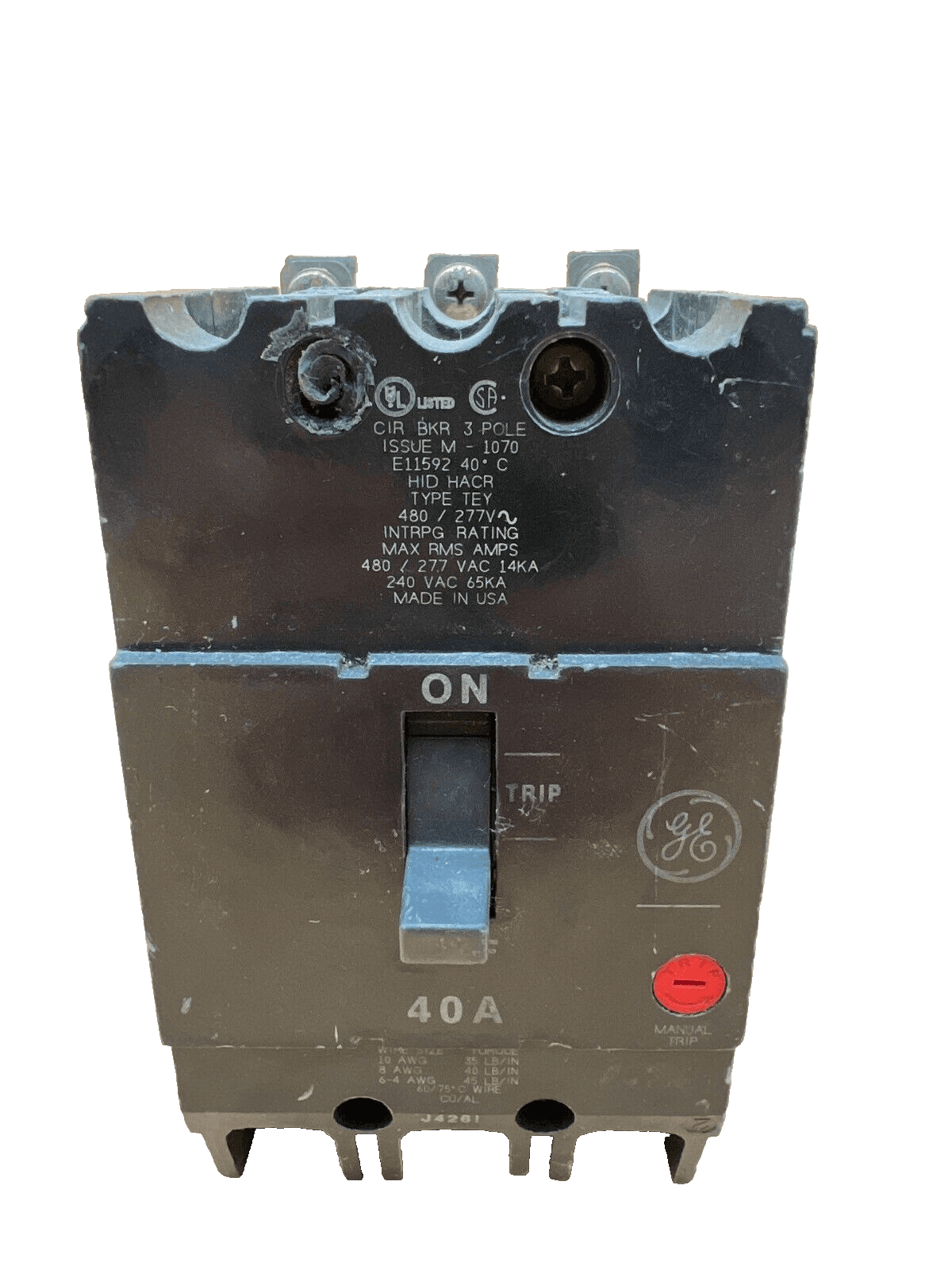 GE TEY340ST12 Bolt on Circuit Breaker 40A 480V 3P Shunt trip TEY 40 Amp 3 Pole – image 1