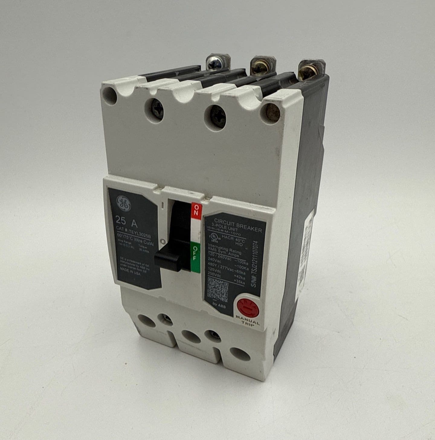 GE TEYL3025B Circuit Breaker 25A 3P 480/277V 3PH TEYL 25 Amp 3 Pole Bolt On – image 1