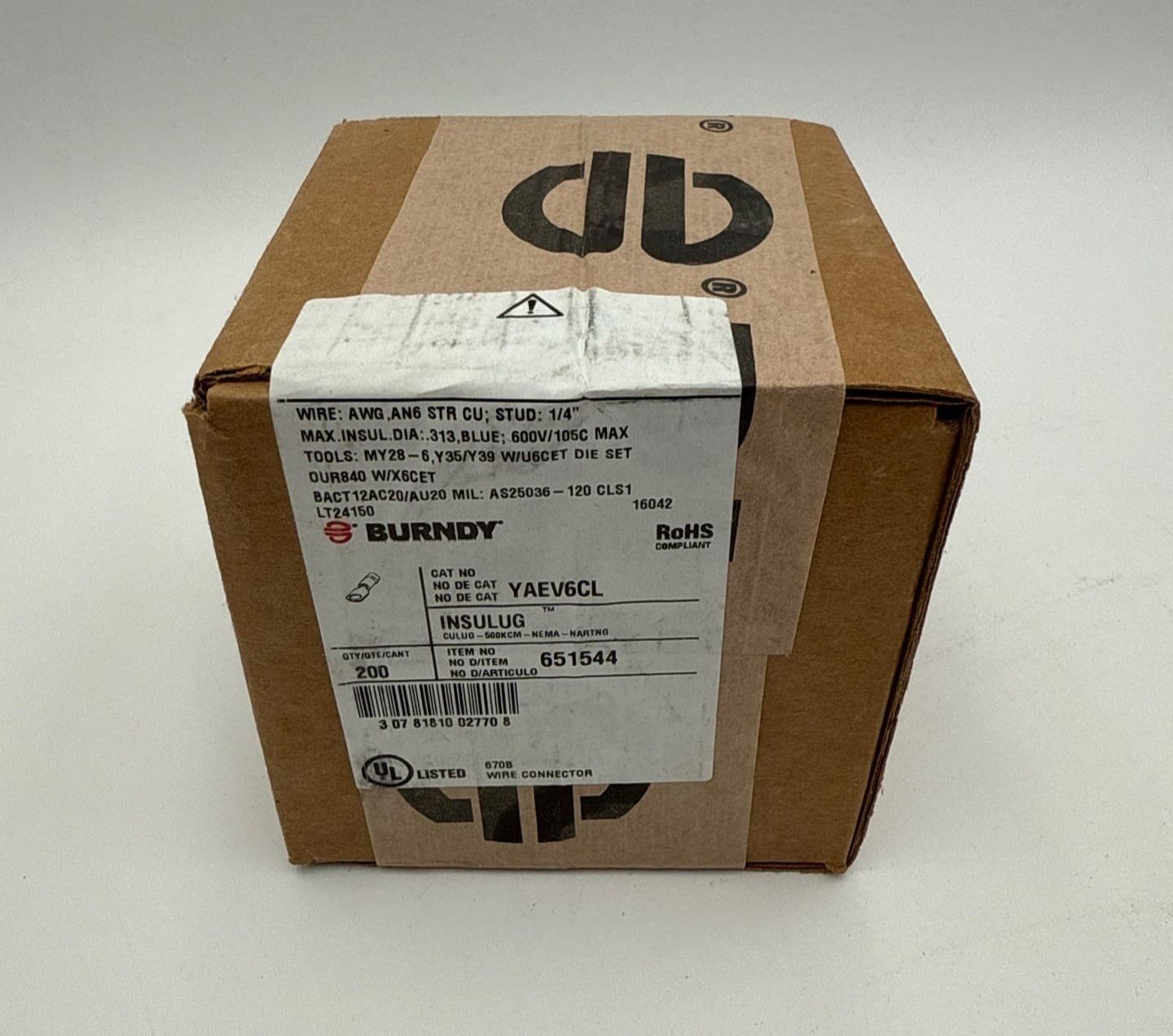 Burndy YAEV6CL Terminal Ring INSULUG 6AWG Heavy Duty 1/4 Stud Copper Lug – image 1