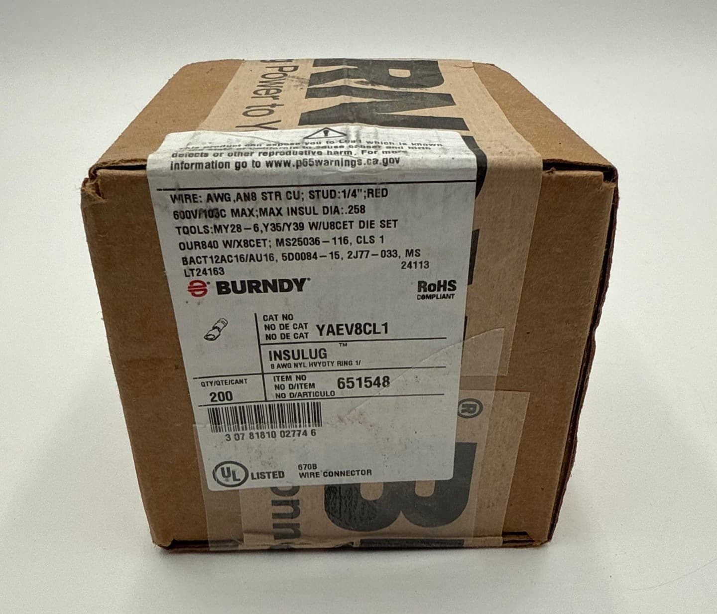 Burndy YAEV8CL1 Terminal Ring INSULUG 8AWG Heavy Duty Nylon 10 1/4 Stud – image 1