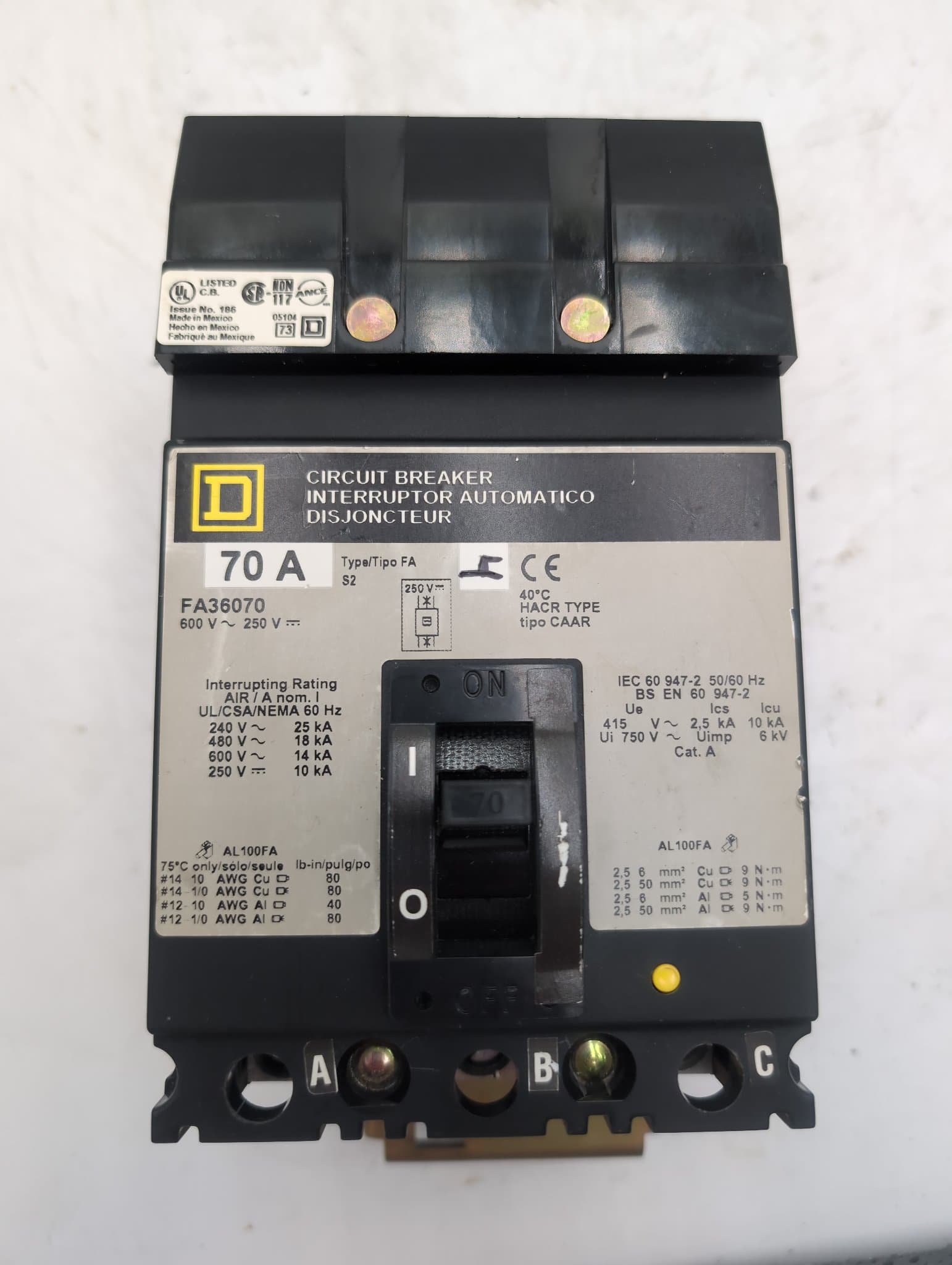 Square D FA36070 Circuit Breaker 70A 600V 3P Used