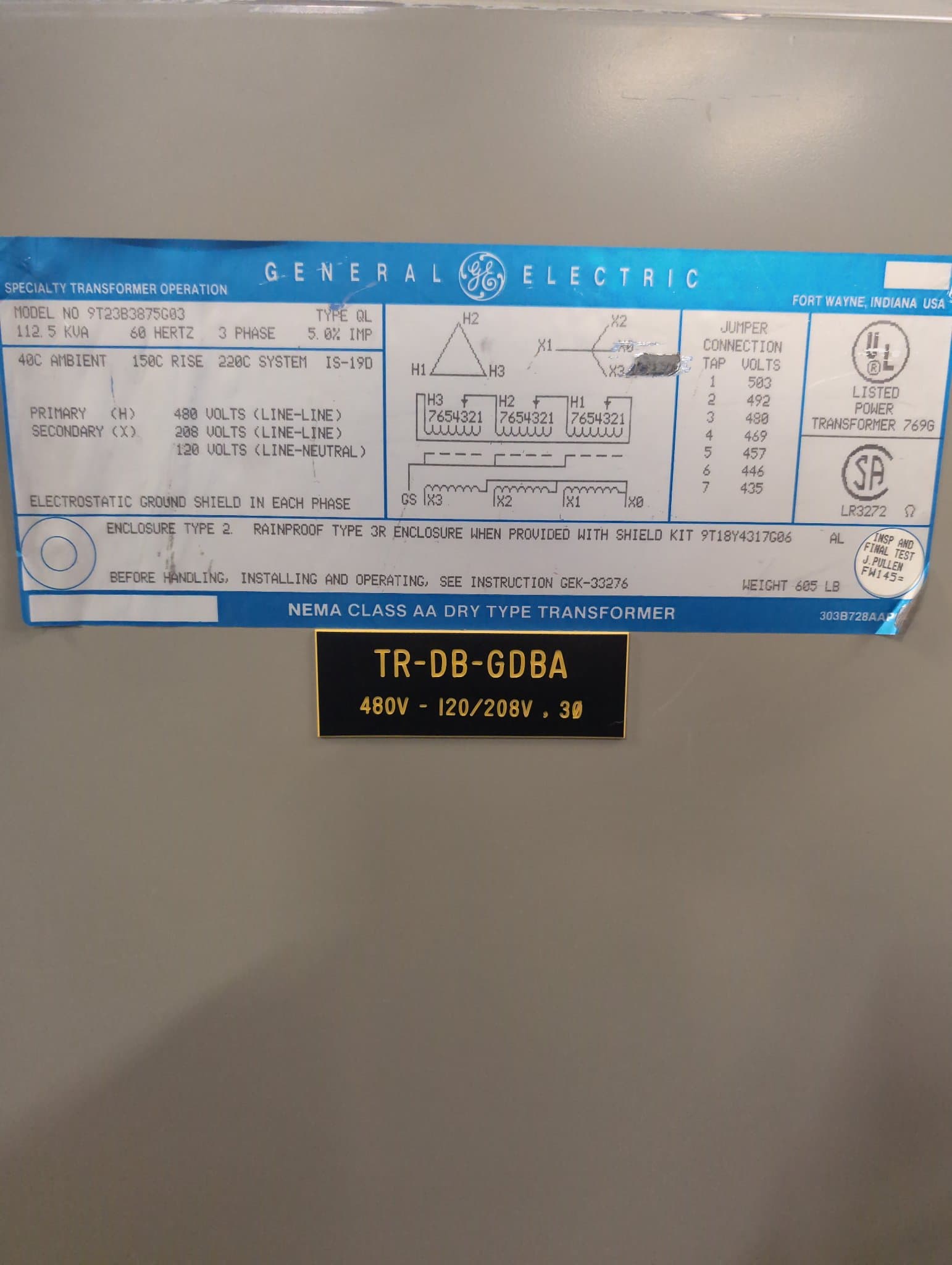 GE 9T23B3875G03 Dry Type Transformer 112.5kVA 480V-208/120V Indoor – image 1