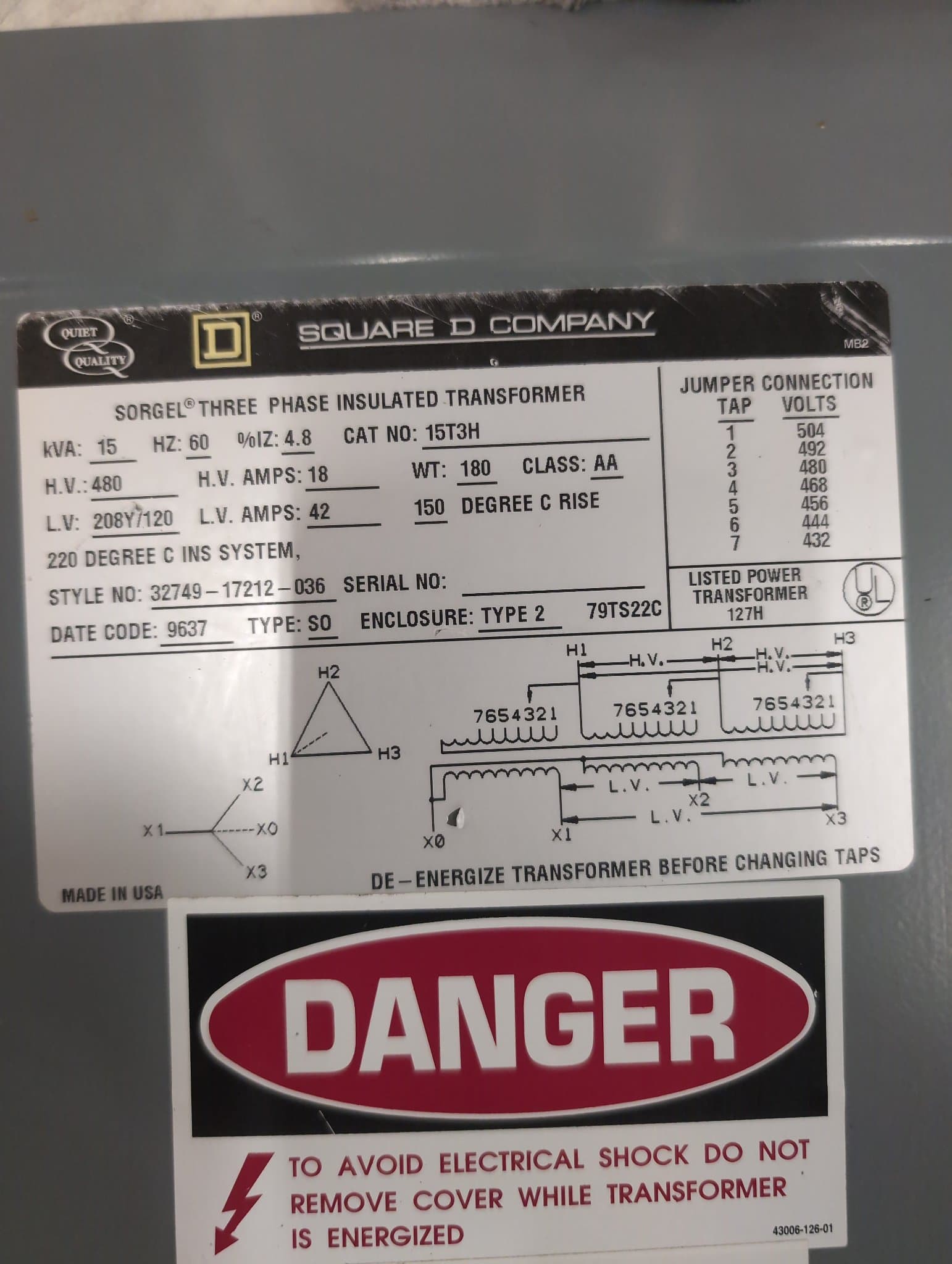 Square D 15T3H Dry Type Transformer 15kVA 480V-208Y/120V Indoor – image 1