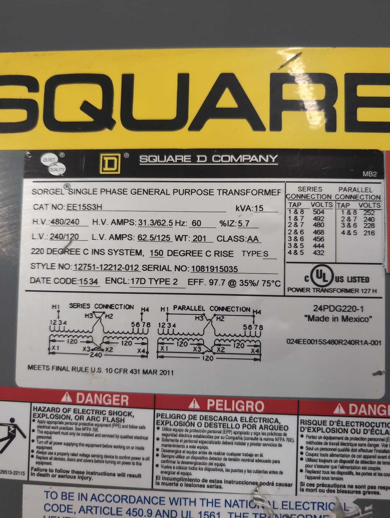Square D EE15S3H Dry Type Transformer 15kVA 480/240V Indoor – image 1