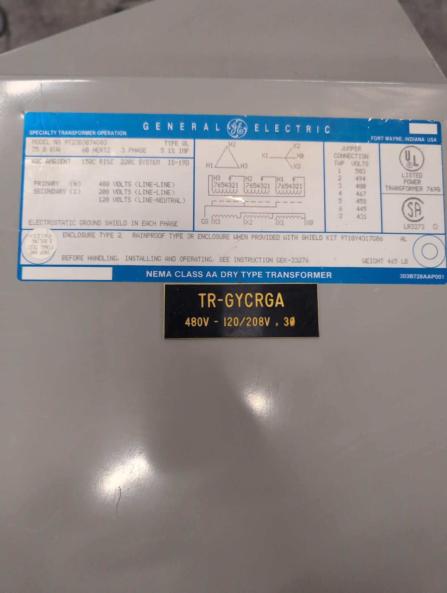GE 9T23B3874G03 Indoor Dry Type Transformer 75kVA 480V-208/120V – image 1