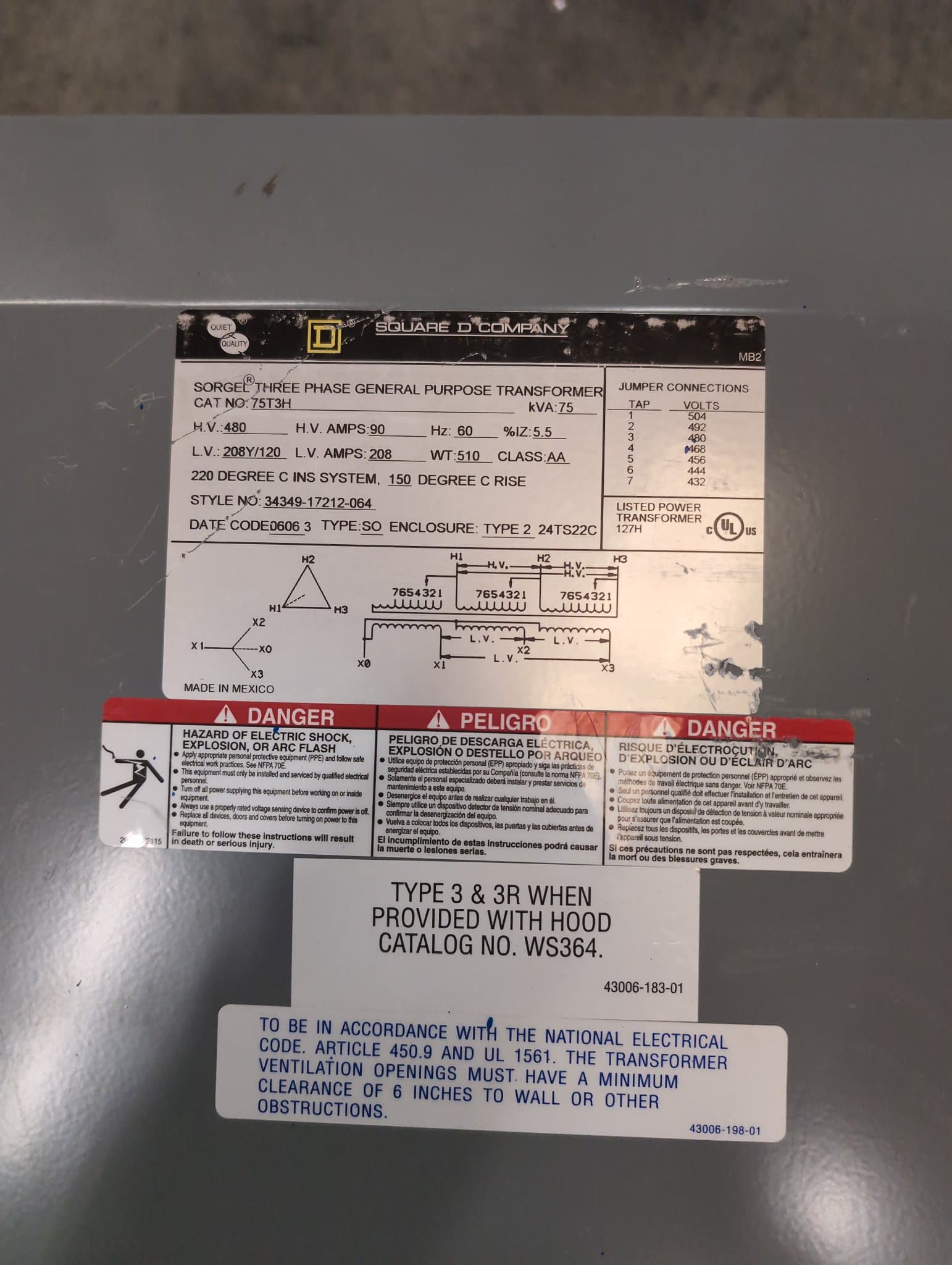 Square D 75T3H Dry Type Transformer 75kVA 480V-208Y/120V Indoor – image 1