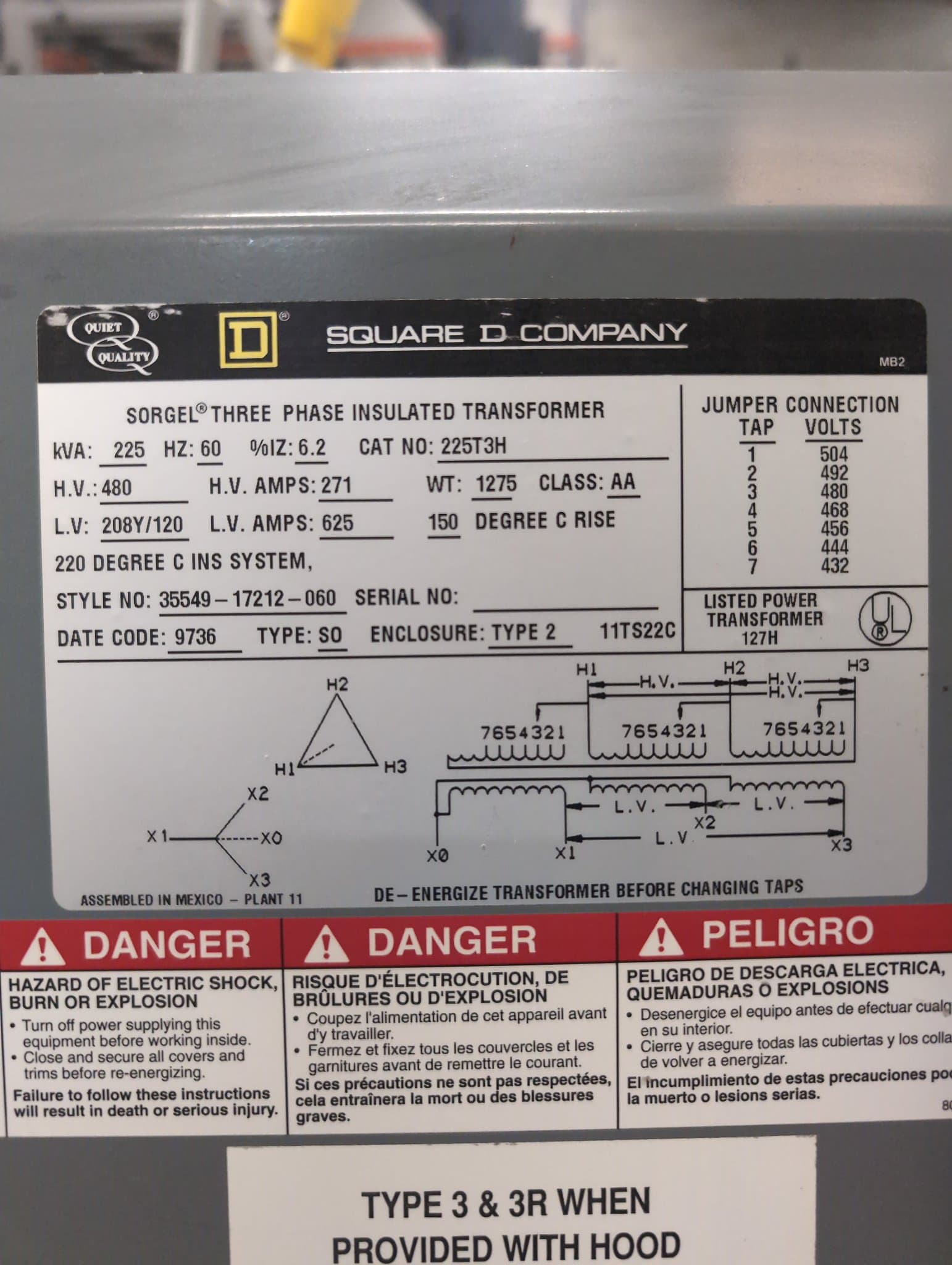 Square D 225T3H Dry Type Transformer 225kVA 480V-208/120V Indoor – image 1