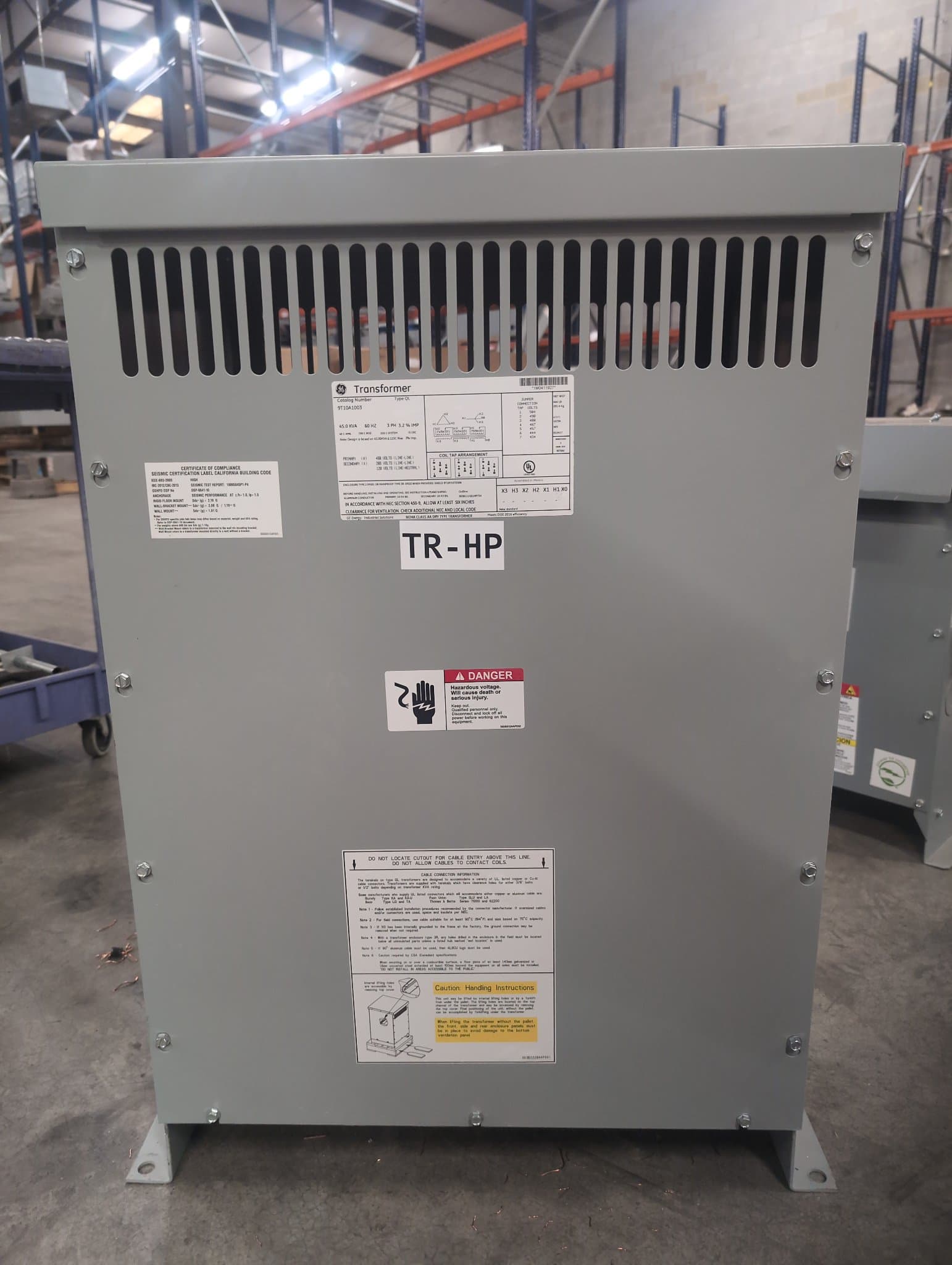 GE 9T10A1003 Dry Type Transformer 45kVA 480V 208/120V Indoor