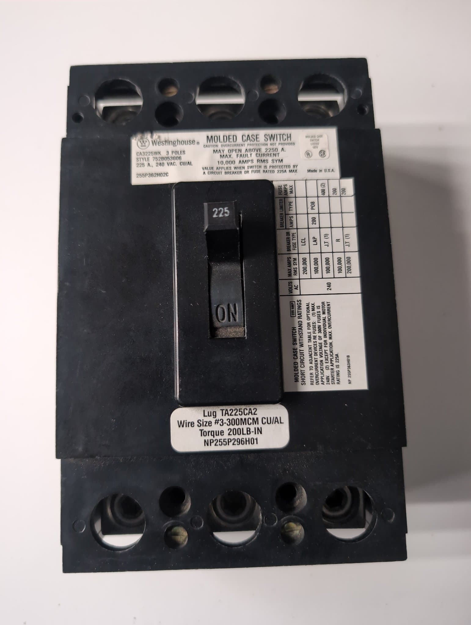 Westinghouse CA3225WK Circuit Breaker 225A 240V 3P